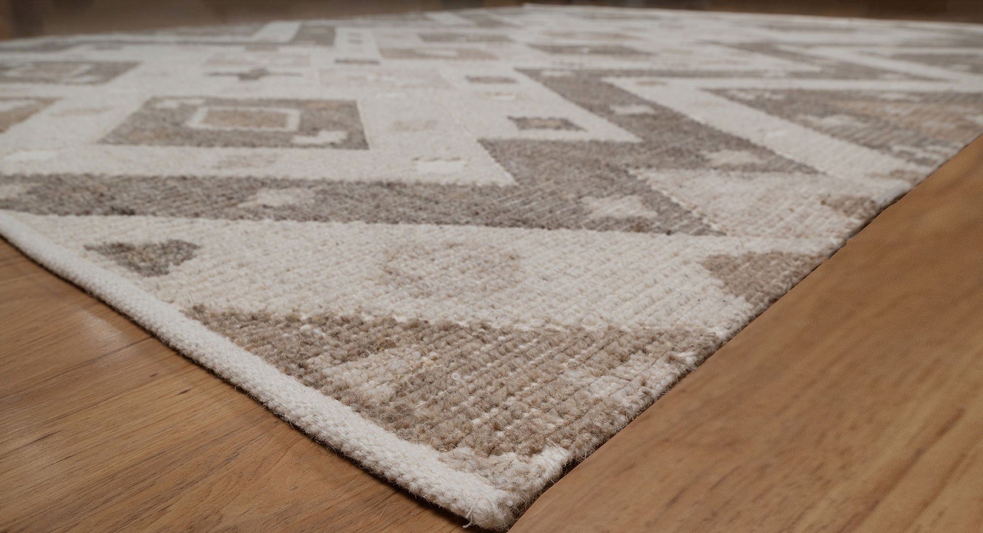 Soft Ground Mica Oat Wool Rug, Hand-Woven Diamond Kilim, Ivory Taupe Tribal Area Rug 8x10 | Custom Size