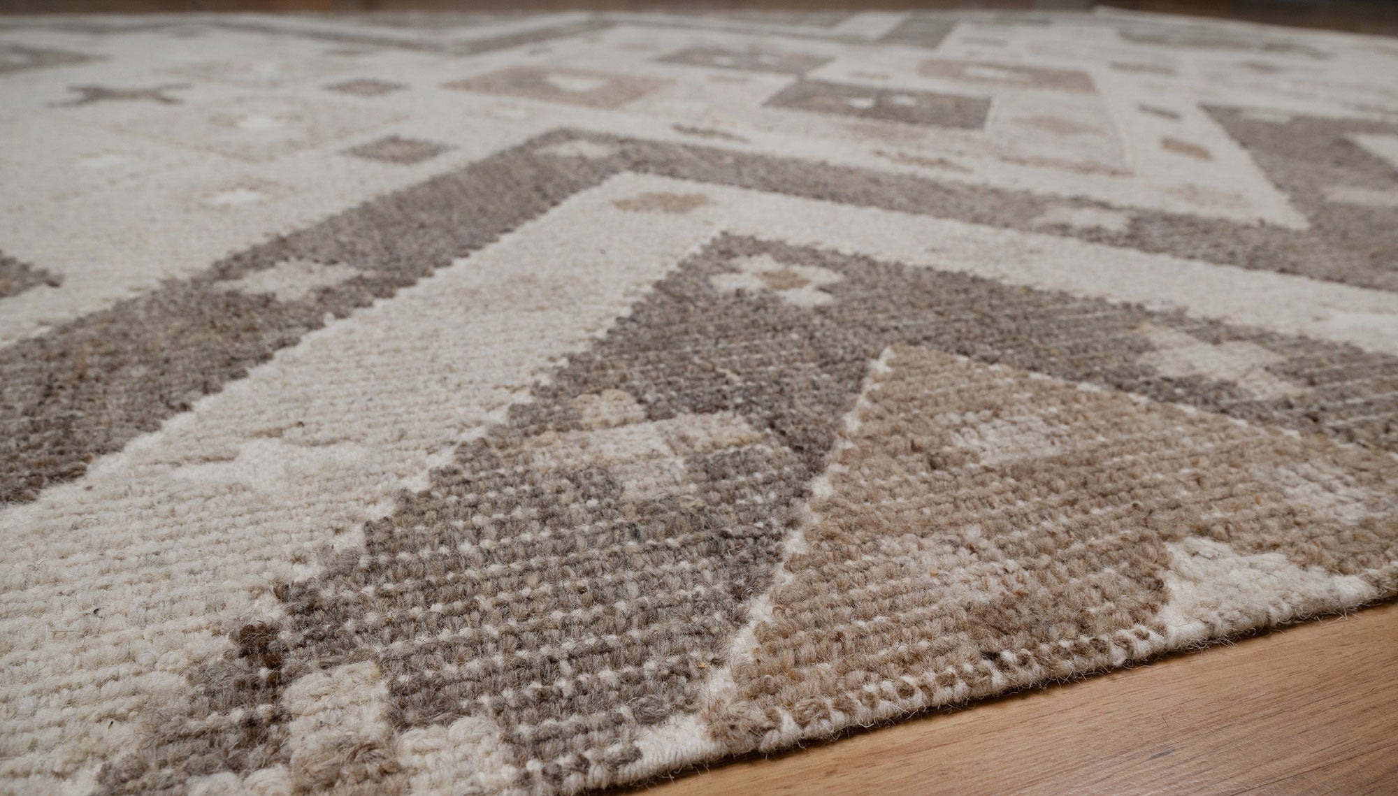 Soft Ground Mica Oat Wool Rug, Hand-Woven Diamond Kilim, Ivory Taupe Tribal Area Rug 8x10 | Custom Size
