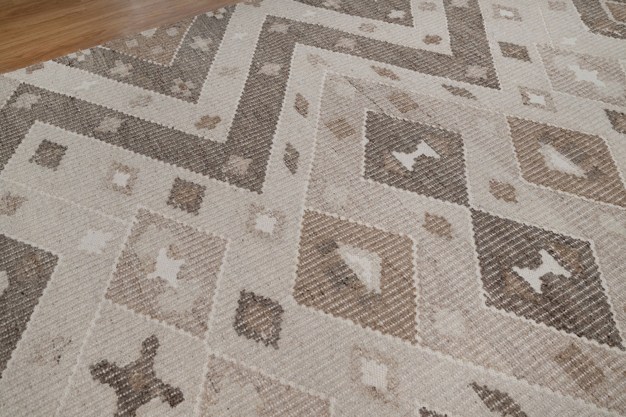 Soft Ground Mica Oat Wool Rug, Hand-Woven Diamond Kilim, Ivory Taupe Tribal Area Rug 8x10 | Custom Size