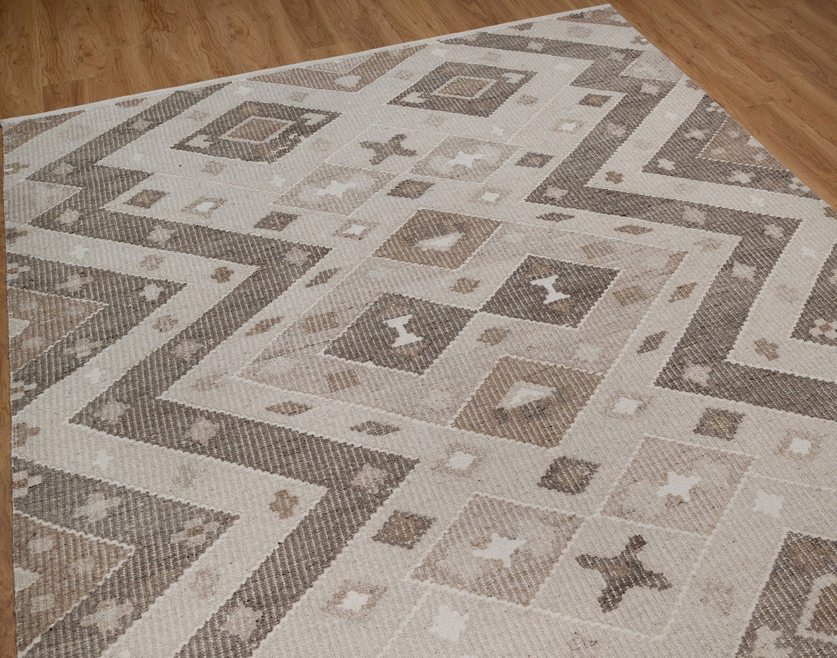 Soft Ground Mica Oat Wool Rug, Hand-Woven Diamond Kilim, Ivory Taupe Tribal Area Rug 8x10 | Custom Size