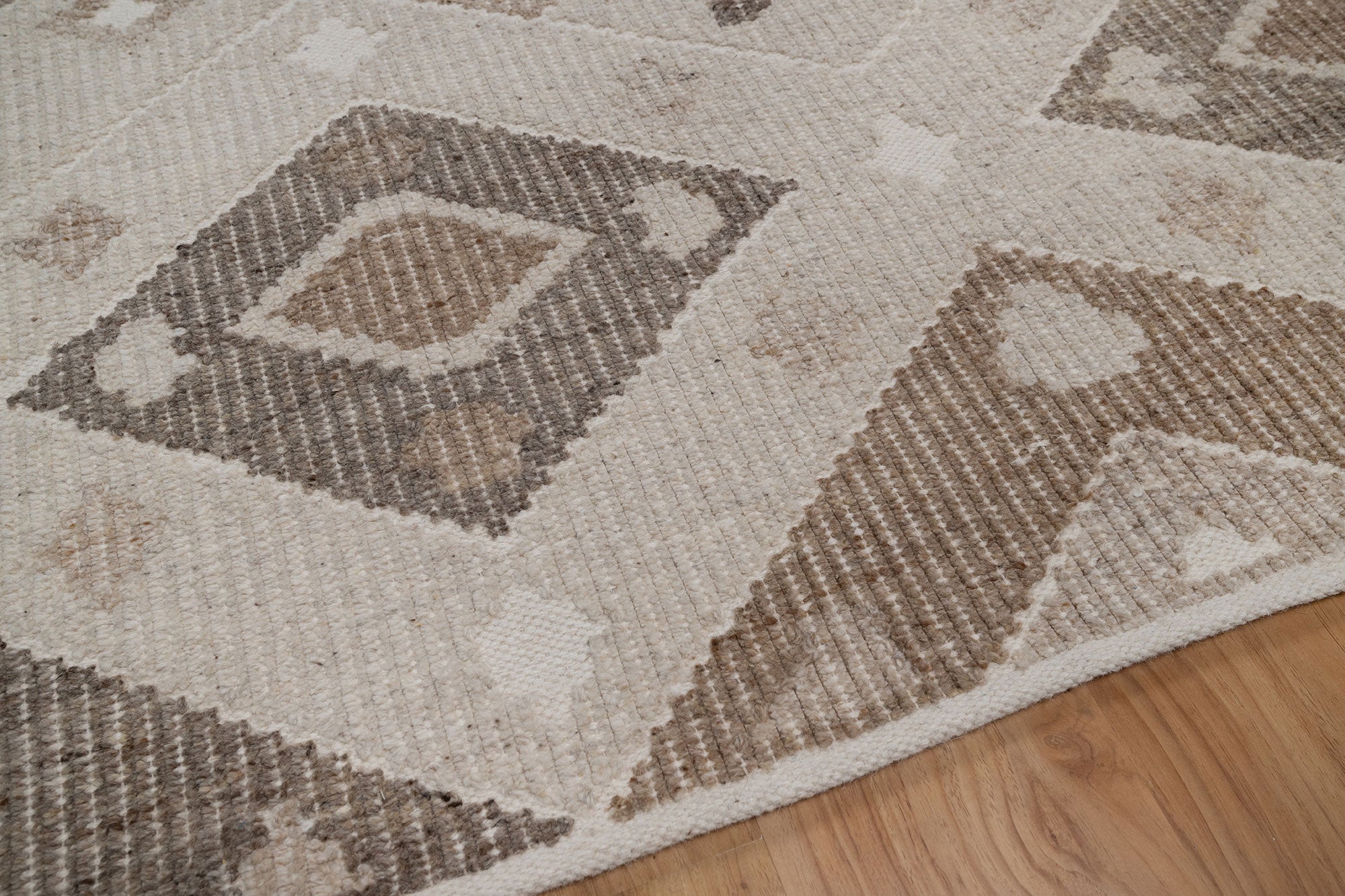 Soft Ground Mica Oat Wool Rug, Hand-Woven Diamond Kilim, Ivory Taupe Tribal Area Rug 8x10 | Custom Size