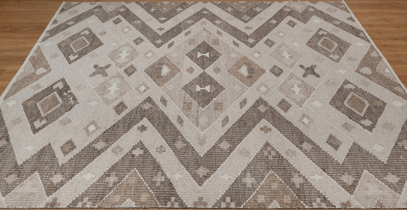 Soft Ground Mica Oat Wool Rug, Hand-Woven Diamond Kilim, Ivory Taupe Tribal Area Rug 8x10 | Custom Size