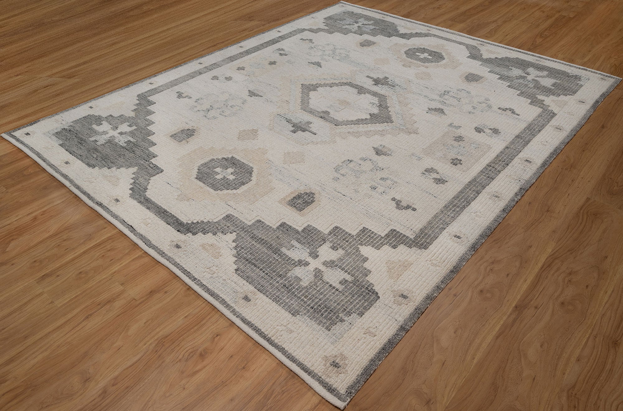 Soft Ground Feldspar Ivory Wool Rug, Hand-Woven Oushak Medallion, Cream Grey Vintage Area Rug 8x10 | Custom Size