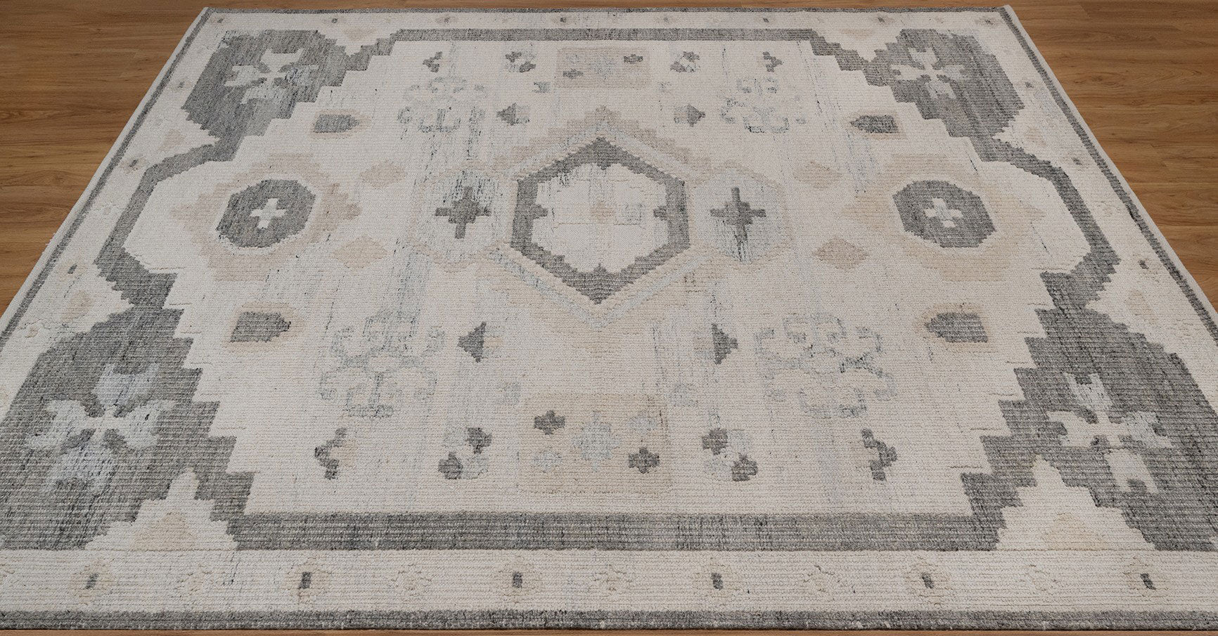 Soft Ground Feldspar Ivory Wool Rug, Hand-Woven Oushak Medallion, Cream Grey Vintage Area Rug 8x10 | Custom Size