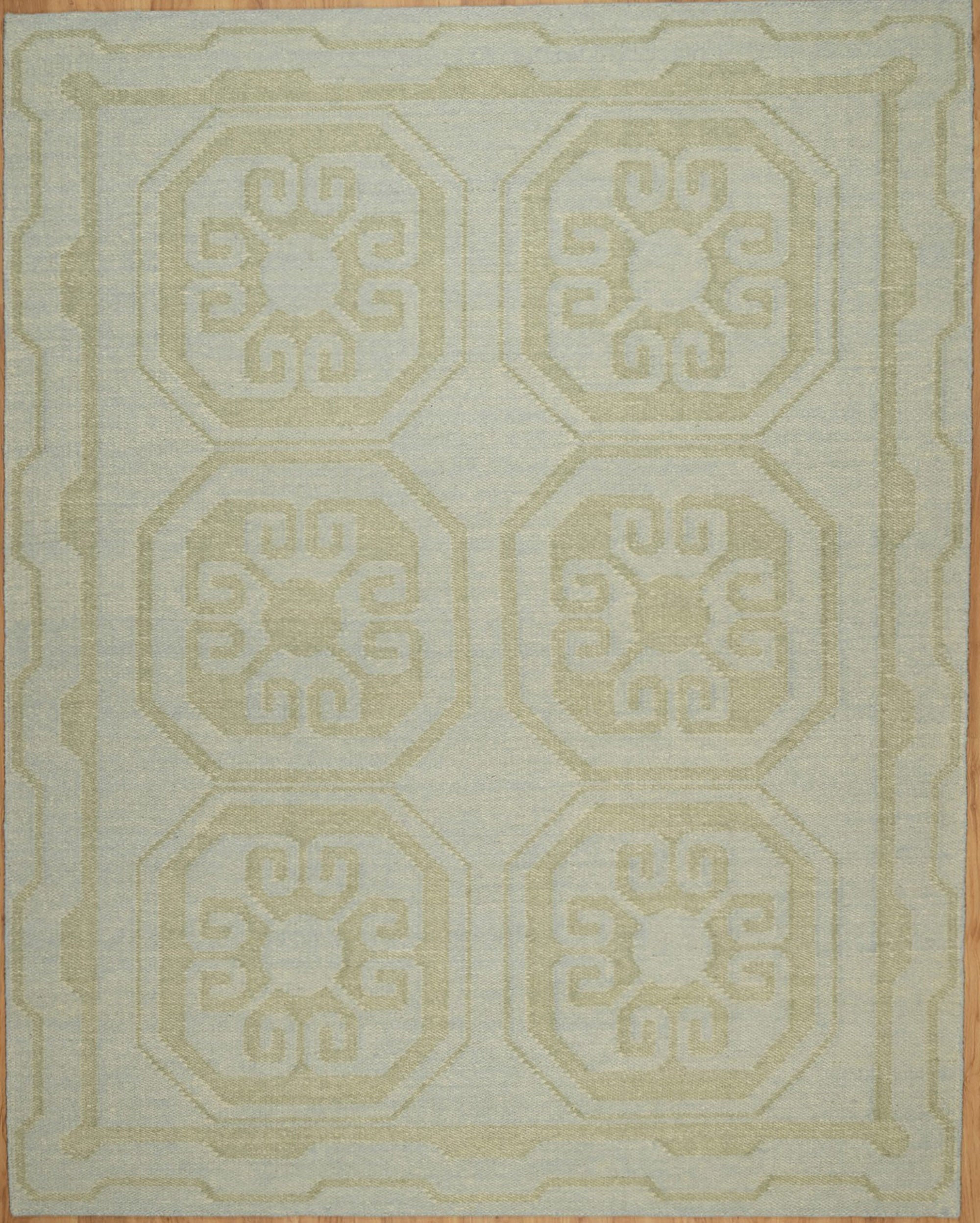 Open Field Damask Sage Wool Rug, Hand-Woven Medallion Tile, Pale Green Flatweave Area Rug 8x10 | Custom Size