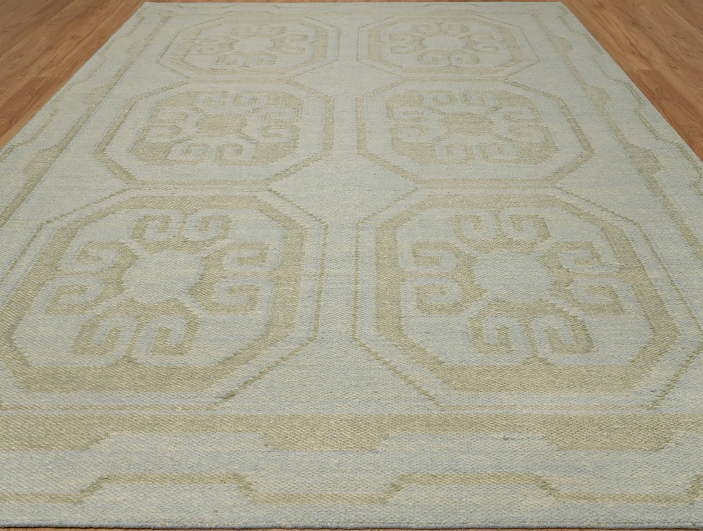 Open Field Damask Sage Wool Rug, Hand-Woven Medallion Tile, Pale Green Flatweave Area Rug 8x10 | Custom Size