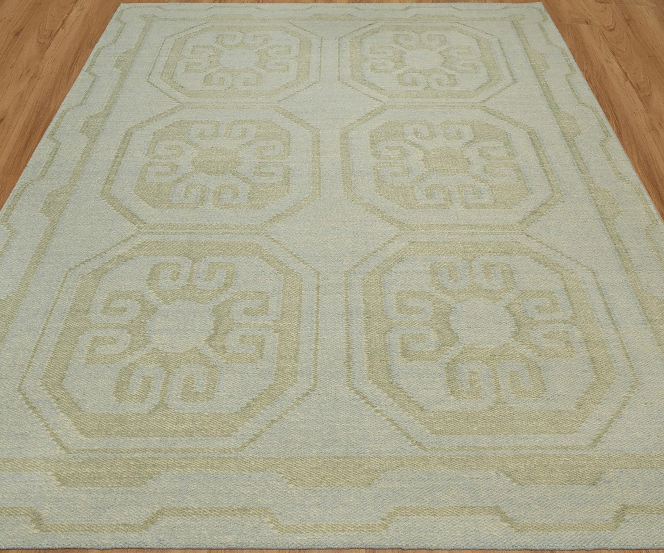 Open Field Damask Sage Wool Rug, Hand-Woven Medallion Tile, Pale Green Flatweave Area Rug 8x10 | Custom Size