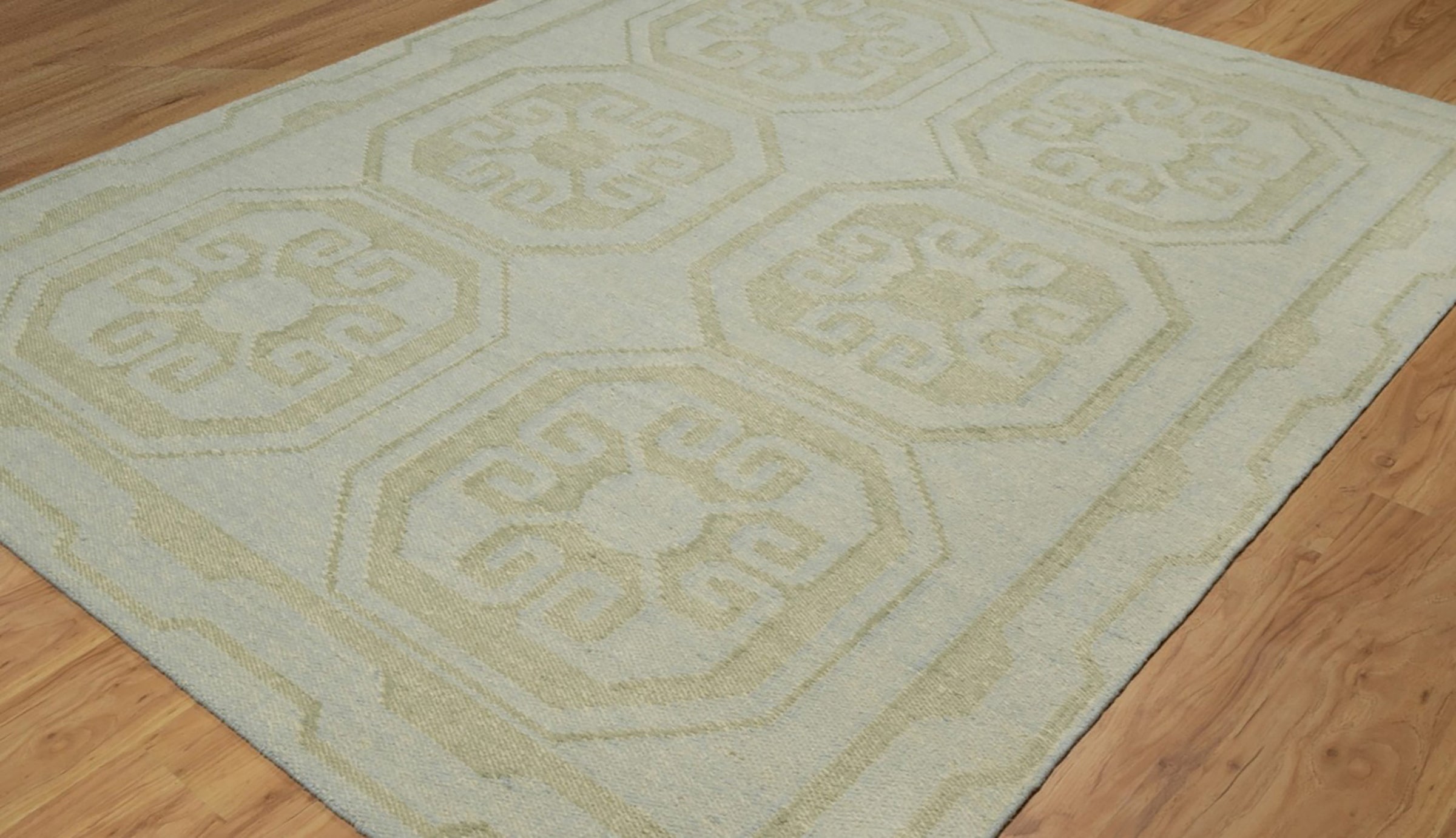 Open Field Damask Sage Wool Rug, Hand-Woven Medallion Tile, Pale Green Flatweave Area Rug 8x10 | Custom Size