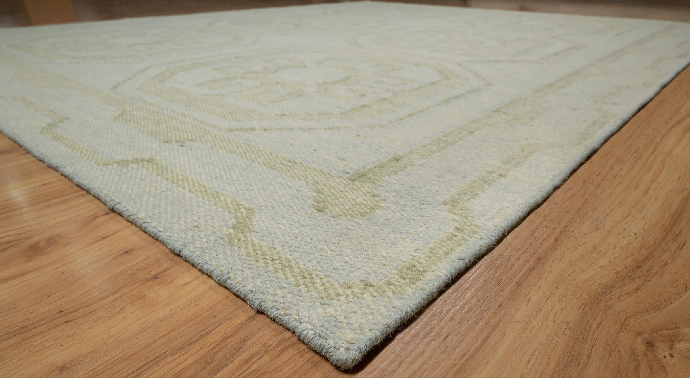 Open Field Damask Sage Wool Rug, Hand-Woven Medallion Tile, Pale Green Flatweave Area Rug 8x10 | Custom Size