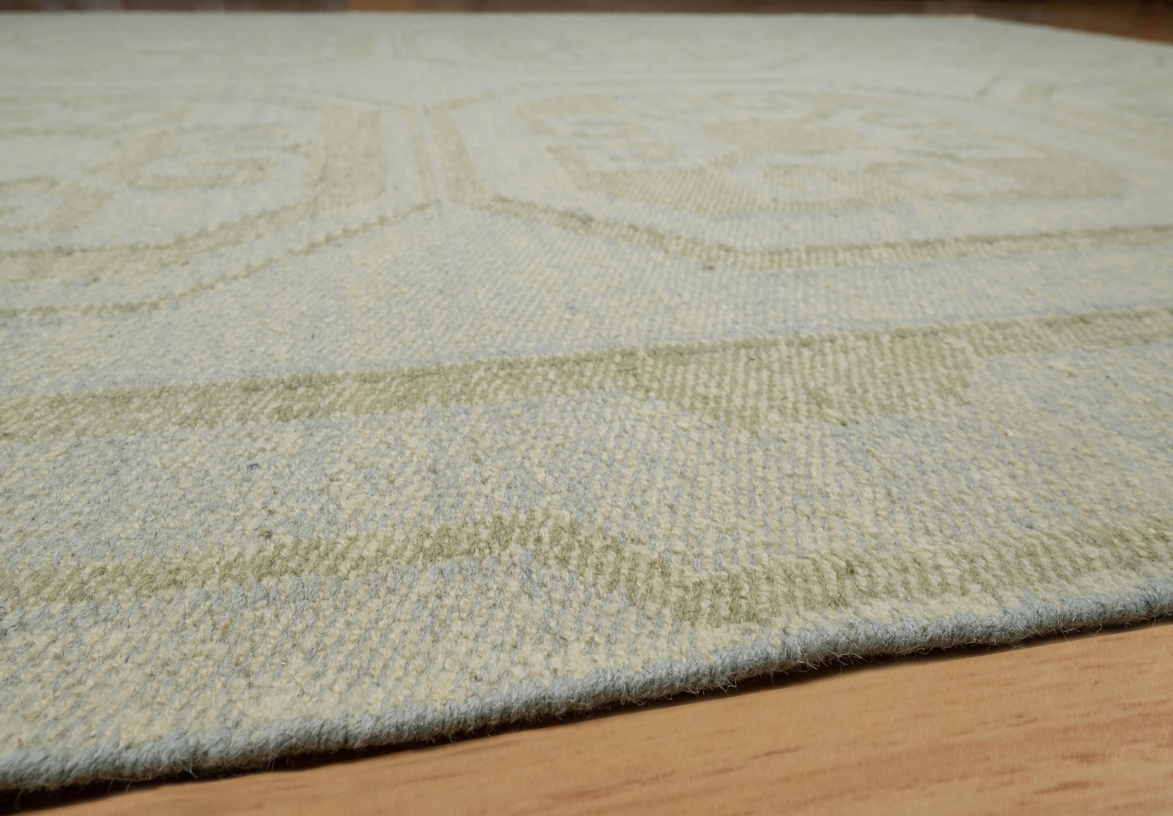 Open Field Damask Sage Wool Rug, Hand-Woven Medallion Tile, Pale Green Flatweave Area Rug 8x10 | Custom Size