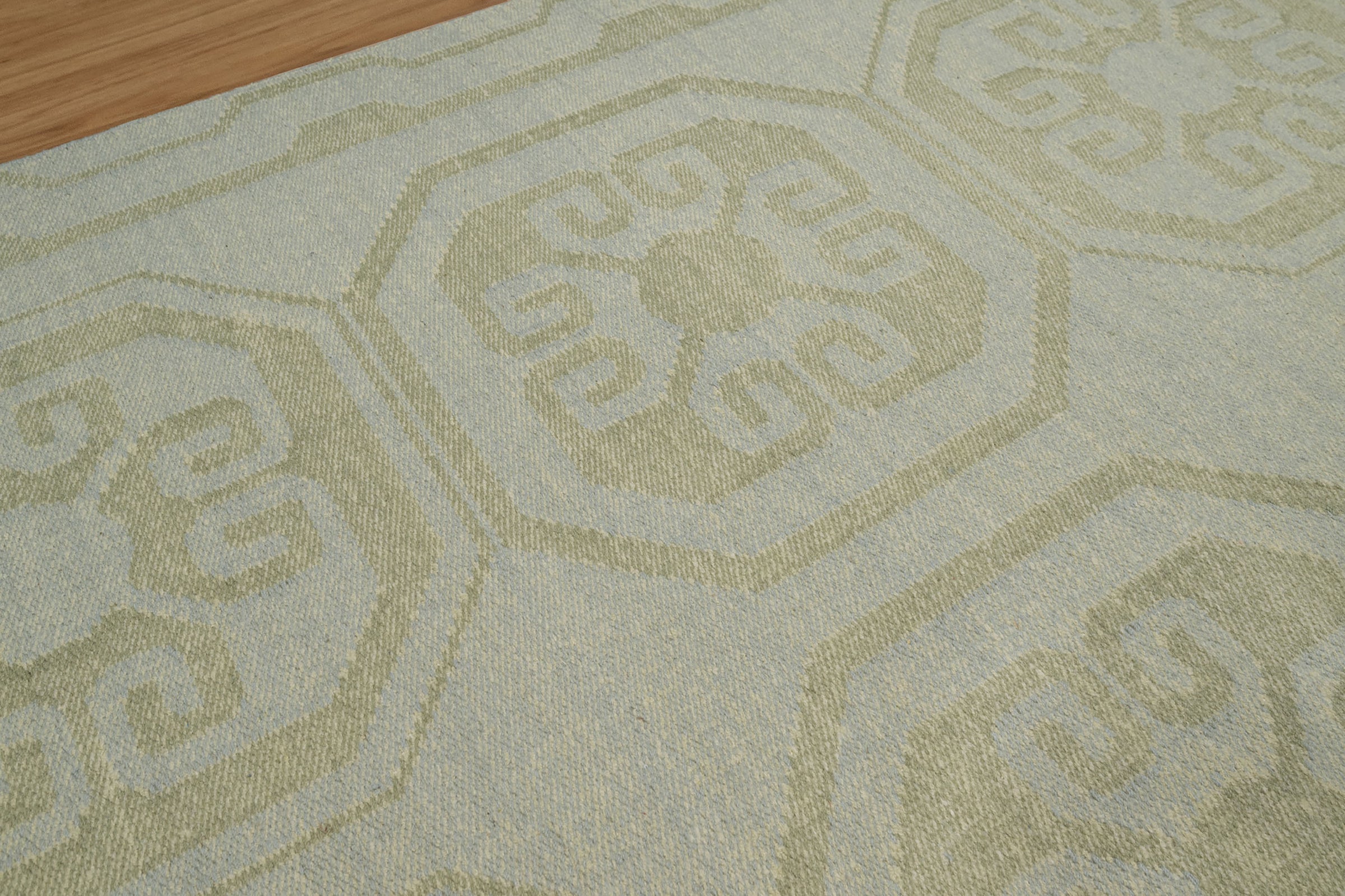 Open Field Damask Sage Wool Rug, Hand-Woven Medallion Tile, Pale Green Flatweave Area Rug 8x10 | Custom Size