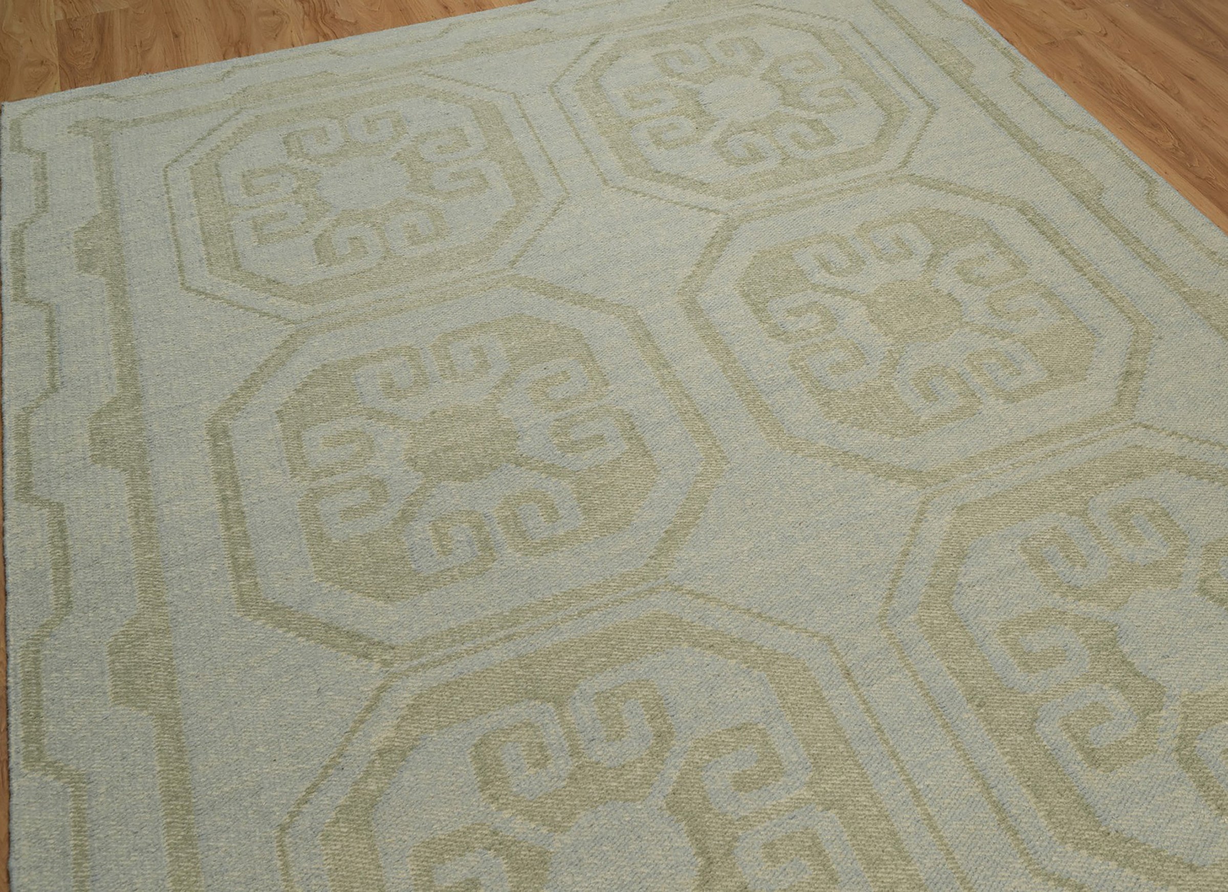 Open Field Damask Sage Wool Rug, Hand-Woven Medallion Tile, Pale Green Flatweave Area Rug 8x10 | Custom Size