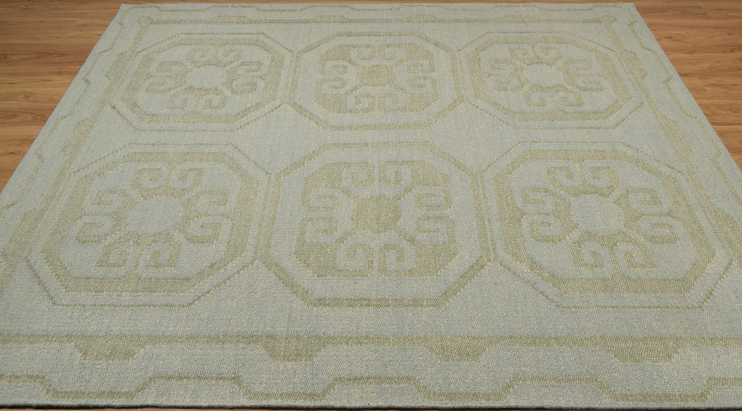 Open Field Damask Sage Wool Rug, Hand-Woven Medallion Tile, Pale Green Flatweave Area Rug 8x10 | Custom Size