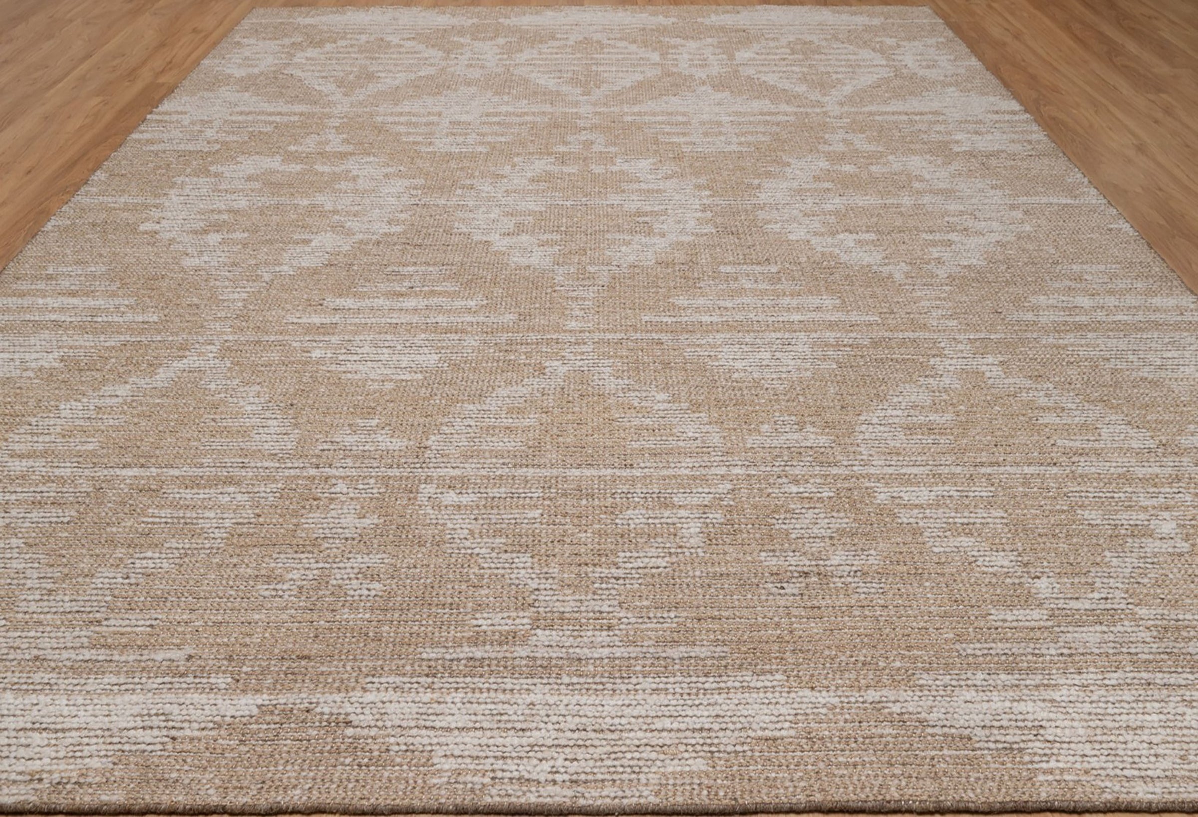 Warm Grain Herringbone Oat Wool Rug, Hand-Woven Diamond Kilim, Tan Ivory Berber Area Rug 8x10 | Custom Size