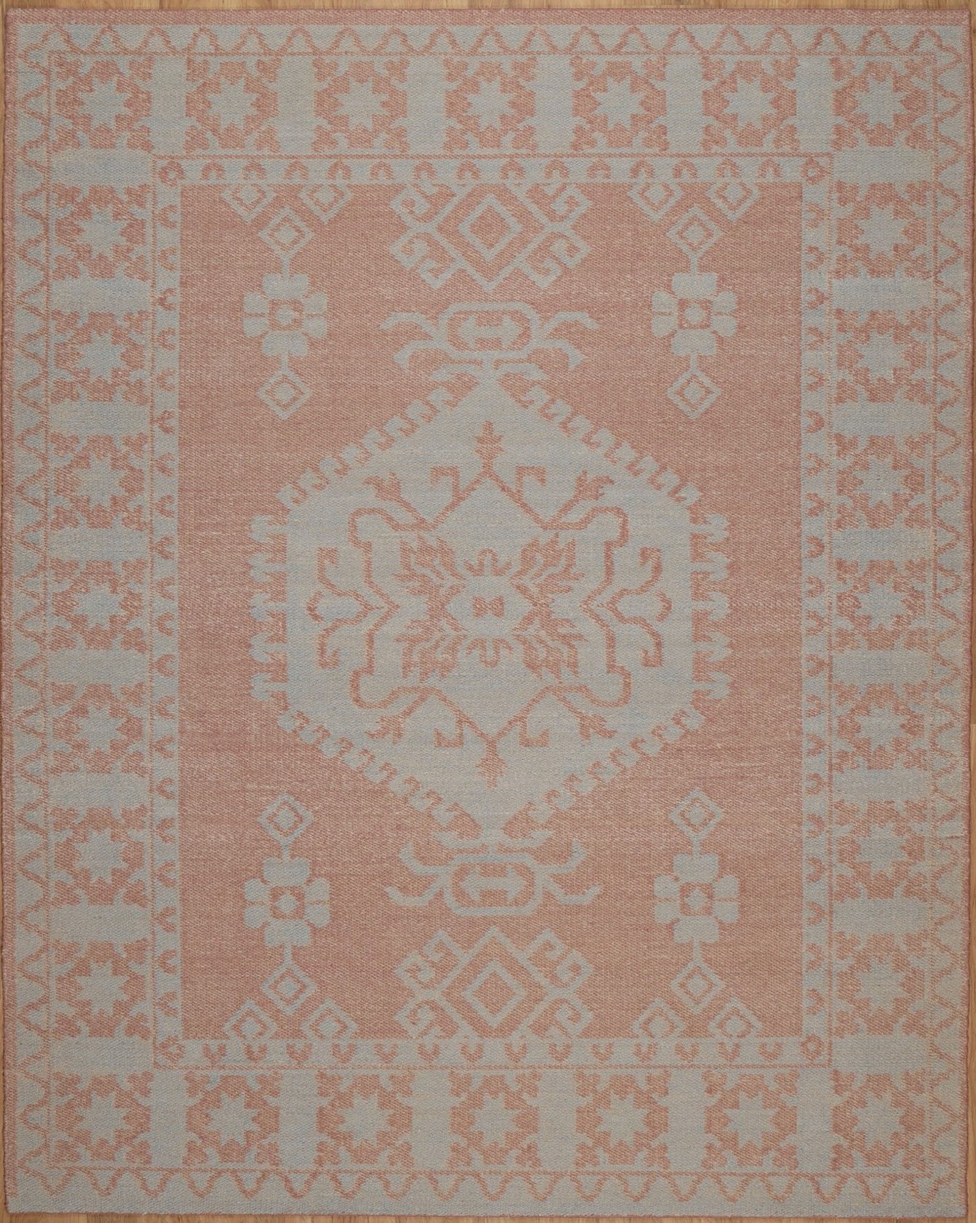 Soft Ground Carnelian Clay Wool Rug, Hand-Woven Medallion Kilim, Terracotta Blue Tribal Area Rug 8x10 | Custom Size