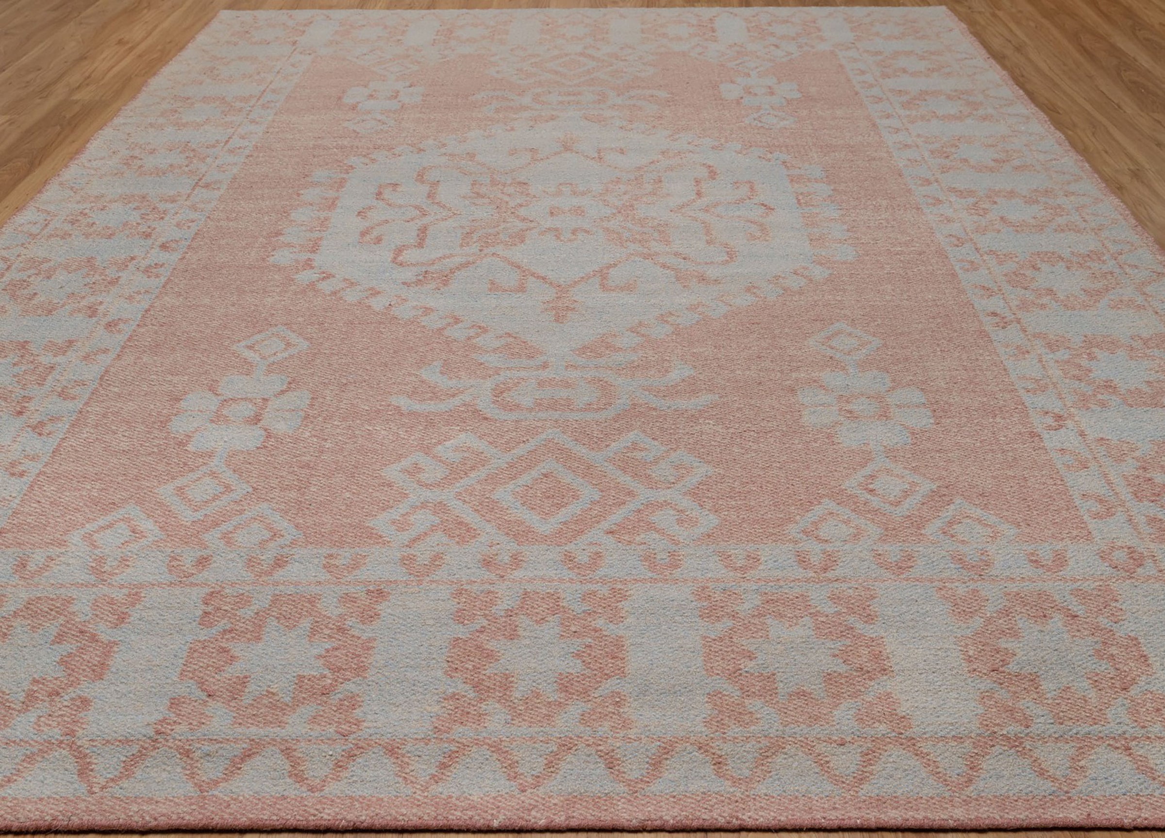 Soft Ground Carnelian Clay Wool Rug, Hand-Woven Medallion Kilim, Terracotta Blue Tribal Area Rug 8x10 | Custom Size
