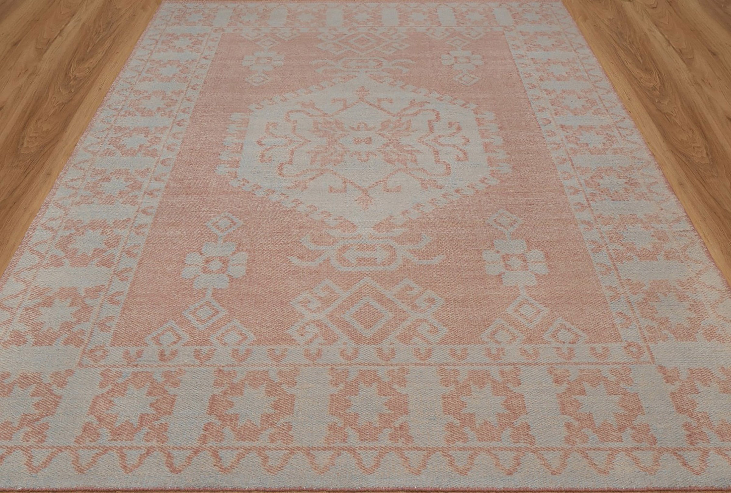 Soft Ground Carnelian Clay Wool Rug, Hand-Woven Medallion Kilim, Terracotta Blue Tribal Area Rug 8x10 | Custom Size