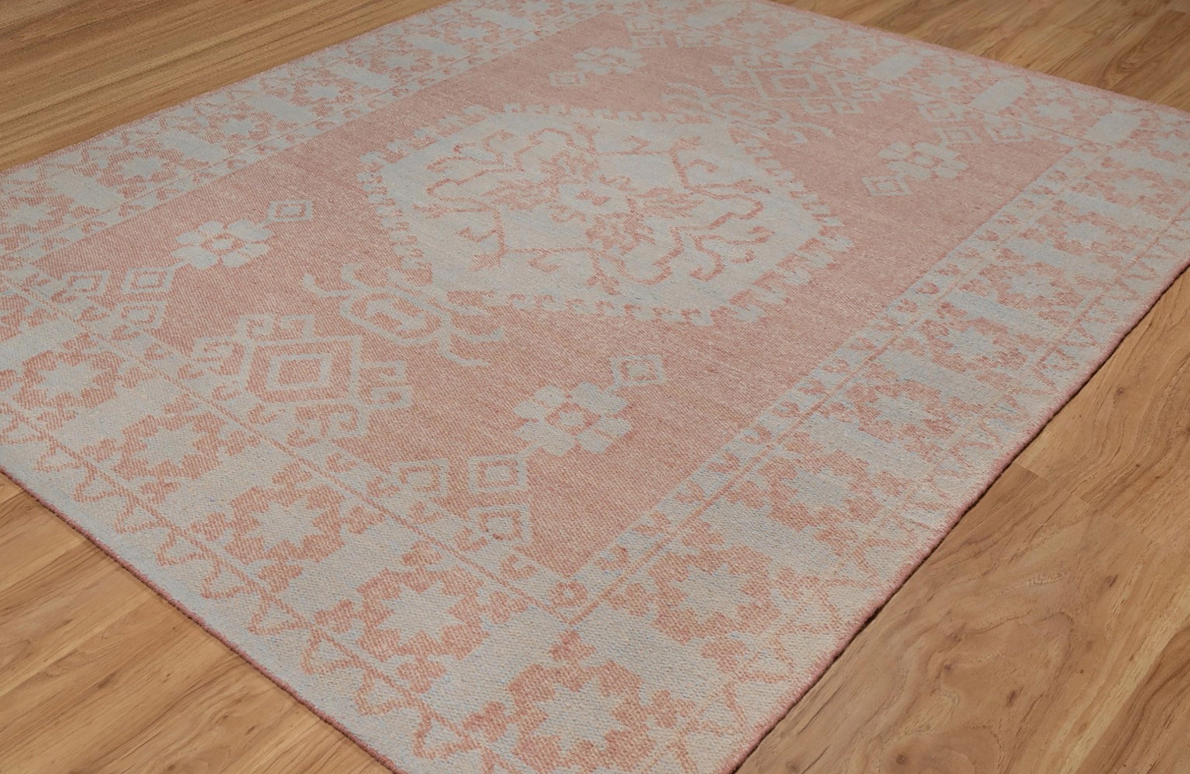 Soft Ground Carnelian Clay Wool Rug, Hand-Woven Medallion Kilim, Terracotta Blue Tribal Area Rug 8x10 | Custom Size