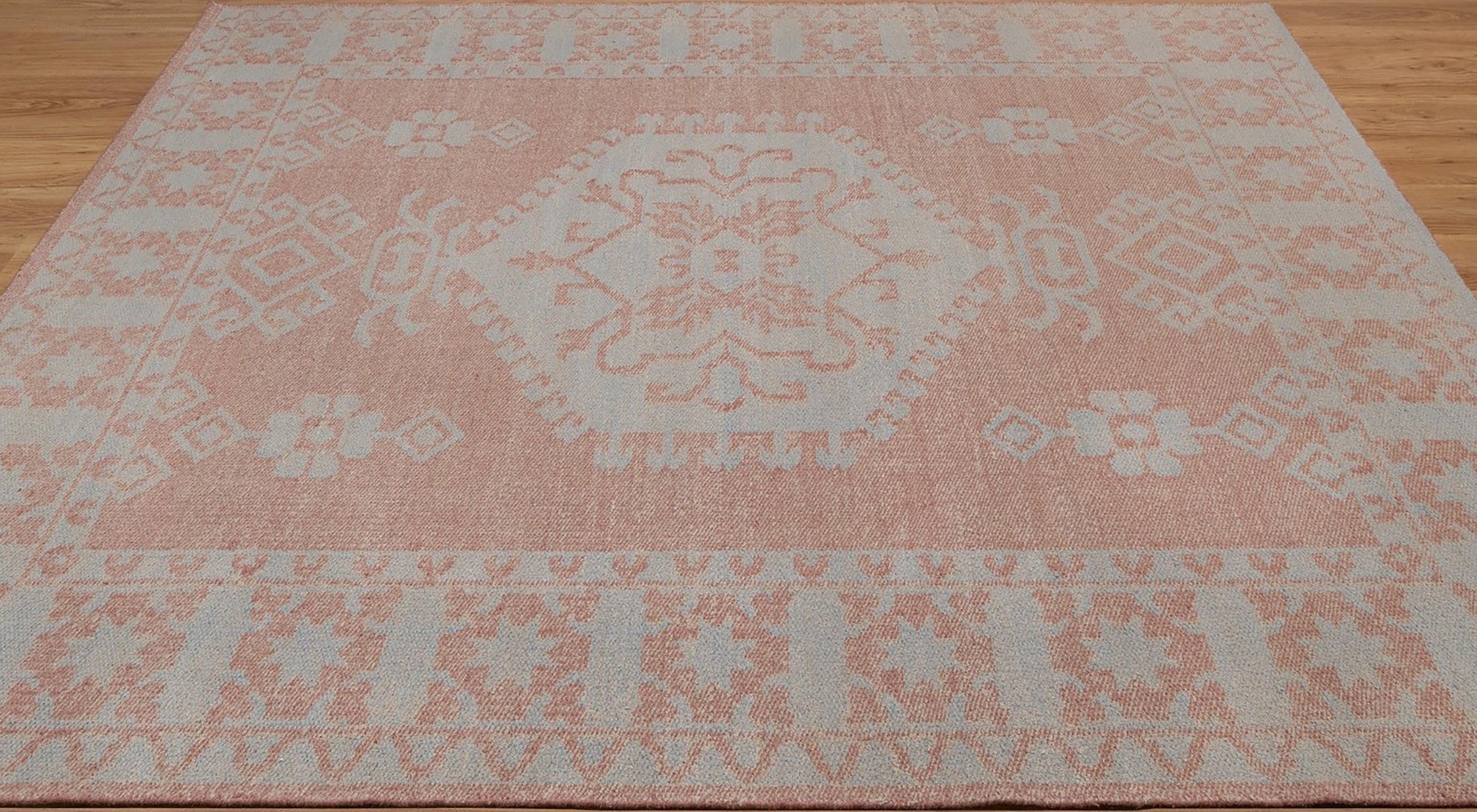 Soft Ground Carnelian Clay Wool Rug, Hand-Woven Medallion Kilim, Terracotta Blue Tribal Area Rug 8x10 | Custom Size