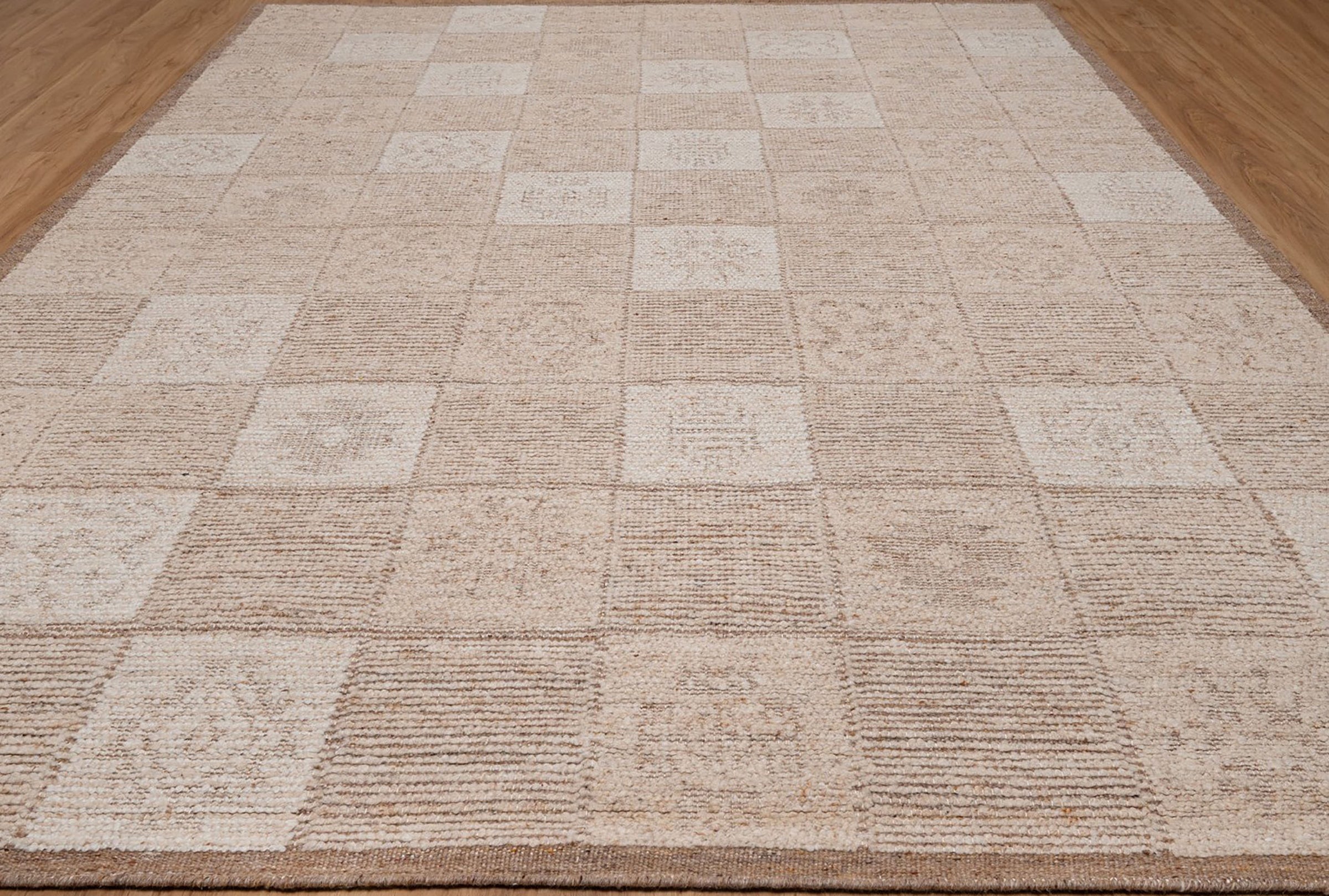 Warm Grain Canvas Oat Wool Rug, Hand-Knotted Checkerboard, Ivory Natural Tribal Area Rug 8x10 | Custom Size