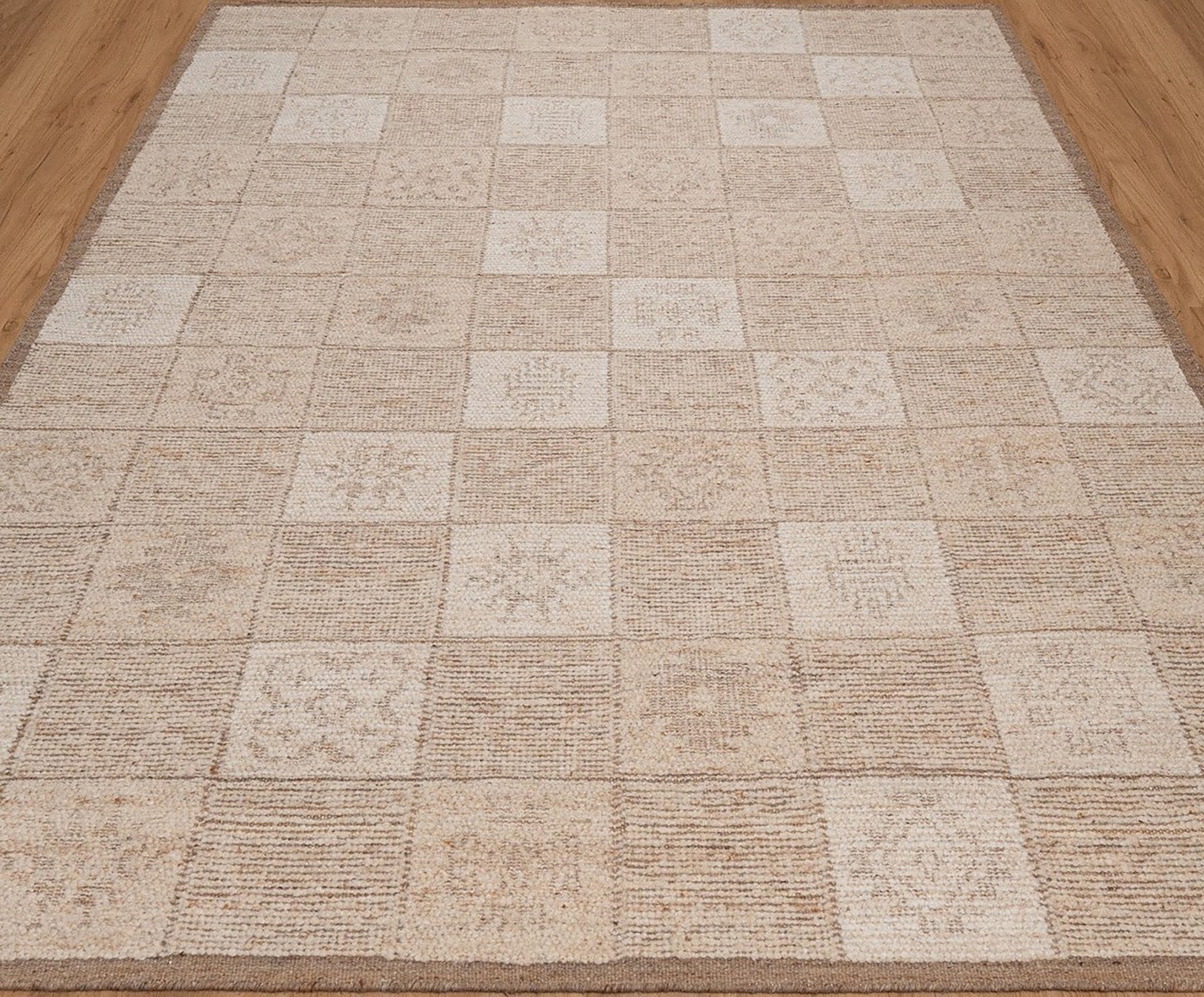 Warm Grain Canvas Oat Wool Rug, Hand-Knotted Checkerboard, Ivory Natural Tribal Area Rug 8x10 | Custom Size