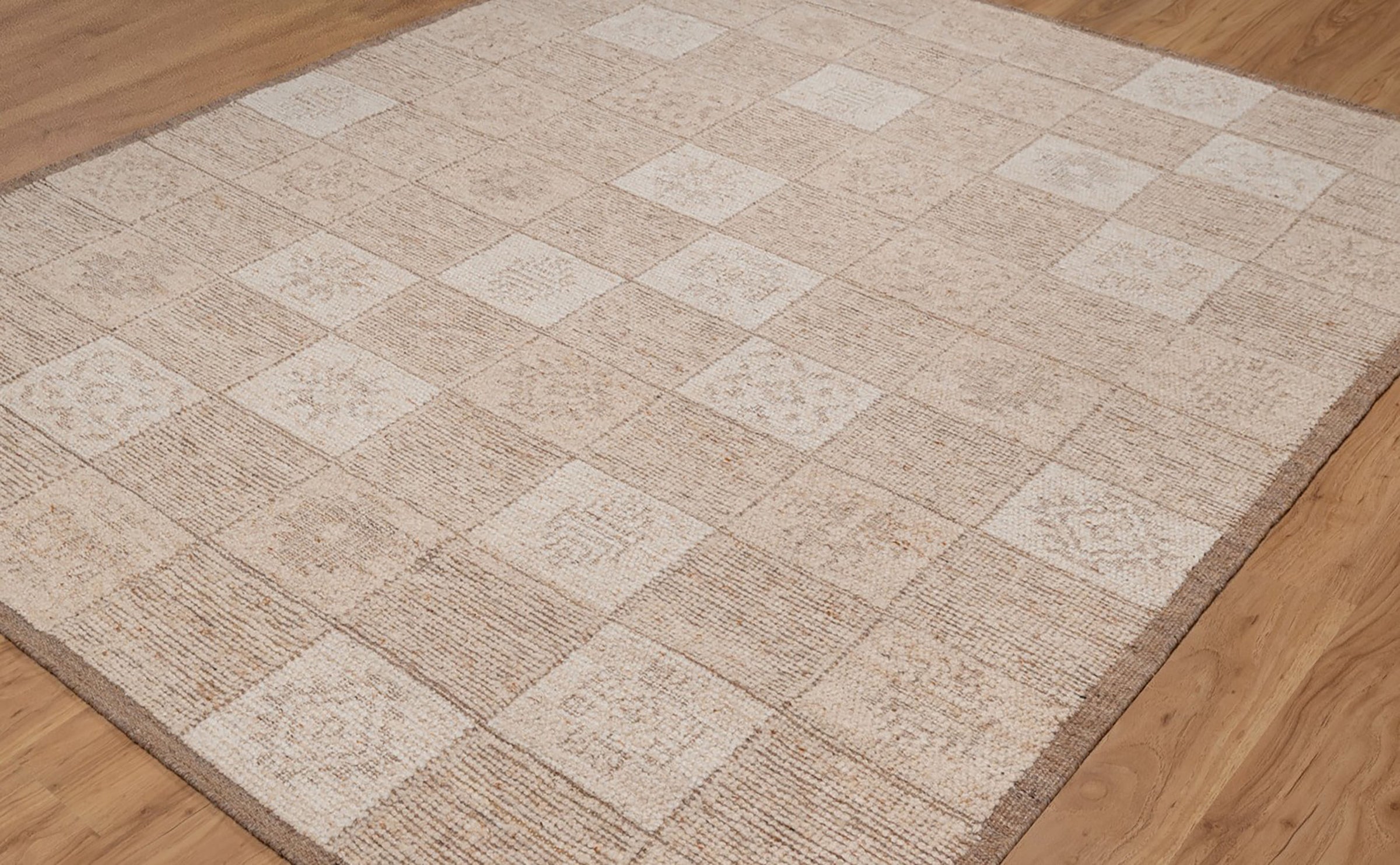 Warm Grain Canvas Oat Wool Rug, Hand-Knotted Checkerboard, Ivory Natural Tribal Area Rug 8x10 | Custom Size