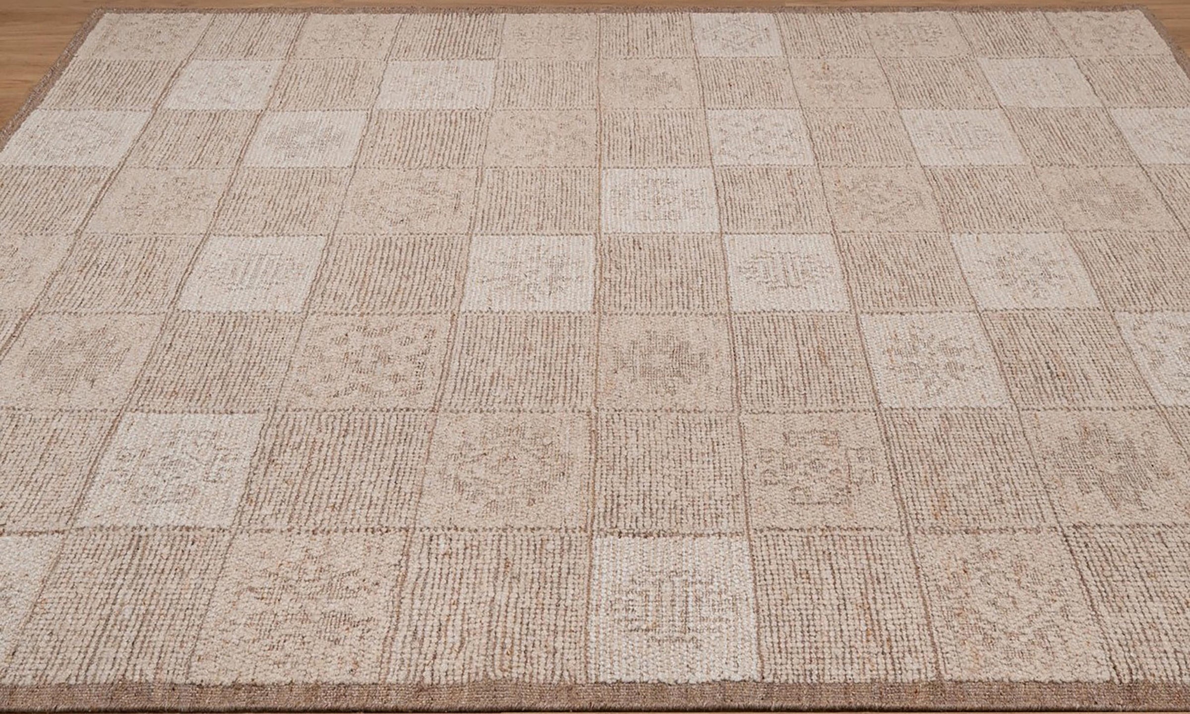 Warm Grain Canvas Oat Wool Rug, Hand-Knotted Checkerboard, Ivory Natural Tribal Area Rug 8x10 | Custom Size