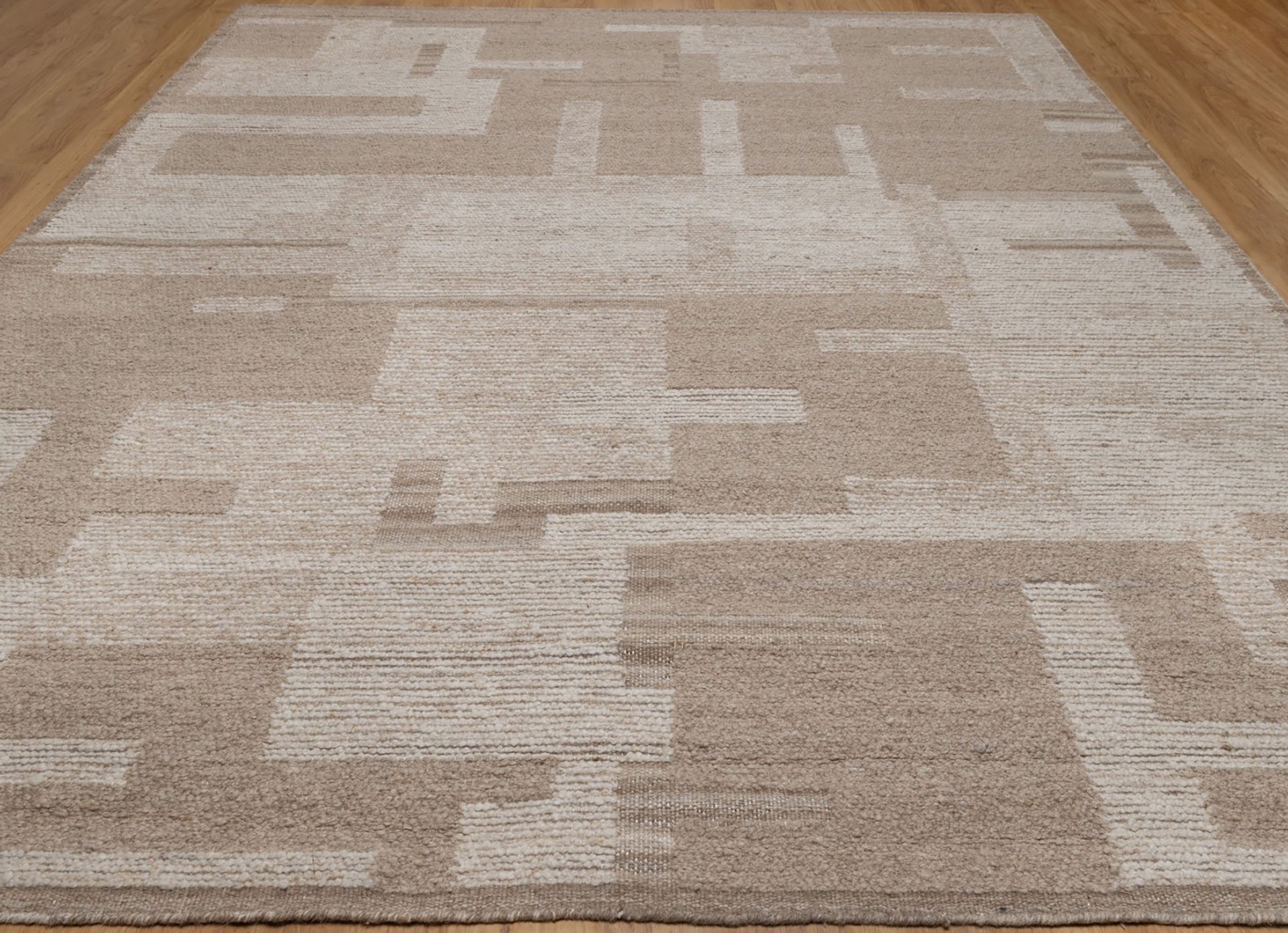 Warm Grain Rampart Taupe Wool Rug, Hand-Knotted Block Maze, Greige Ivory Abstract Area Rug 8x10 | Custom Size