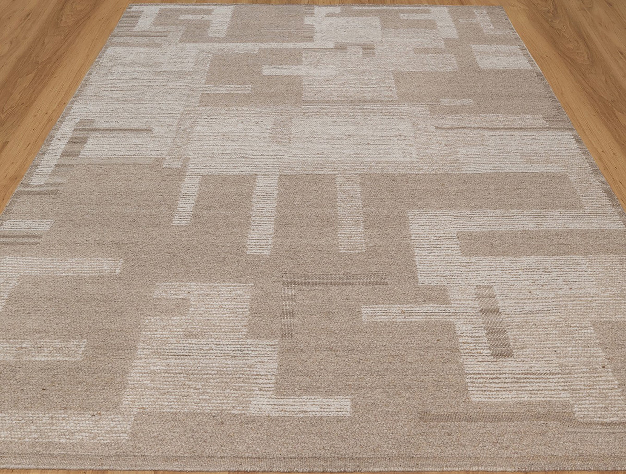 Warm Grain Rampart Taupe Wool Rug, Hand-Knotted Block Maze, Greige Ivory Abstract Area Rug 8x10 | Custom Size
