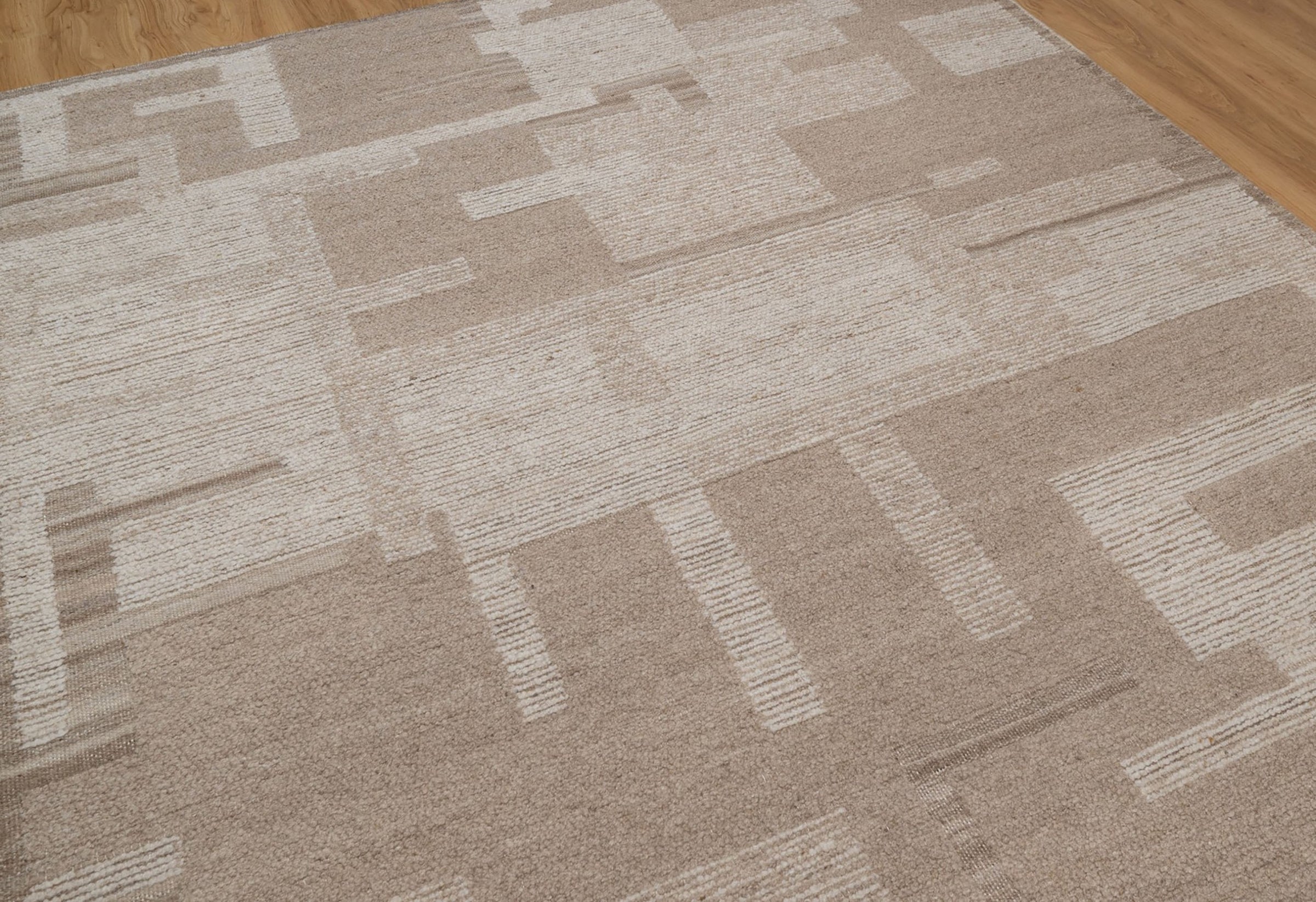 Warm Grain Rampart Taupe Wool Rug, Hand-Knotted Block Maze, Greige Ivory Abstract Area Rug 8x10 | Custom Size