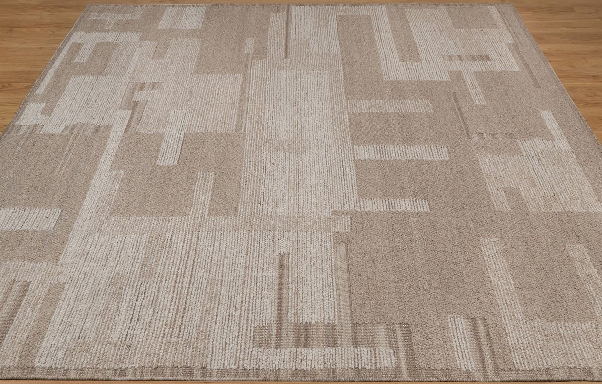 Warm Grain Rampart Taupe Wool Rug, Hand-Knotted Block Maze, Greige Ivory Abstract Area Rug 8x10 | Custom Size