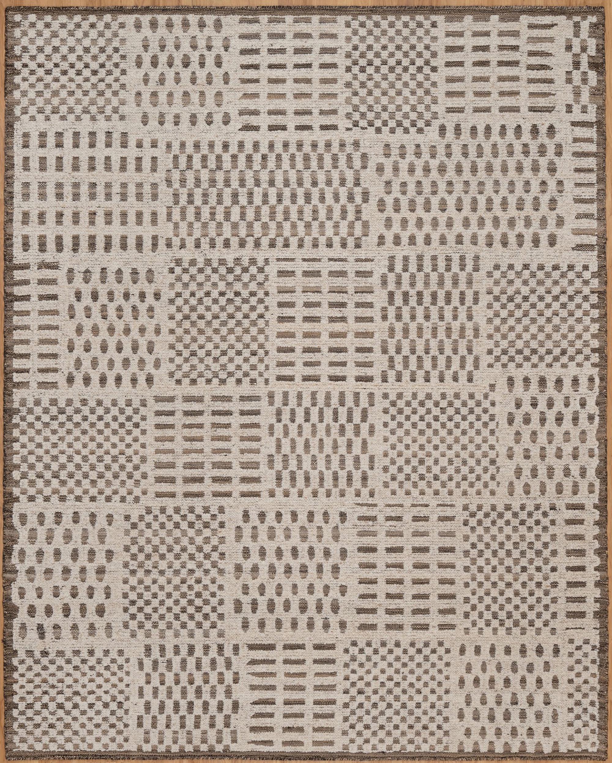 Warm Grain Rhythm Ivory Wool Rug, Hand-Knotted Tribal Grid, Warm Ivory Charcoal Area Rug 8x10 | Custom Size