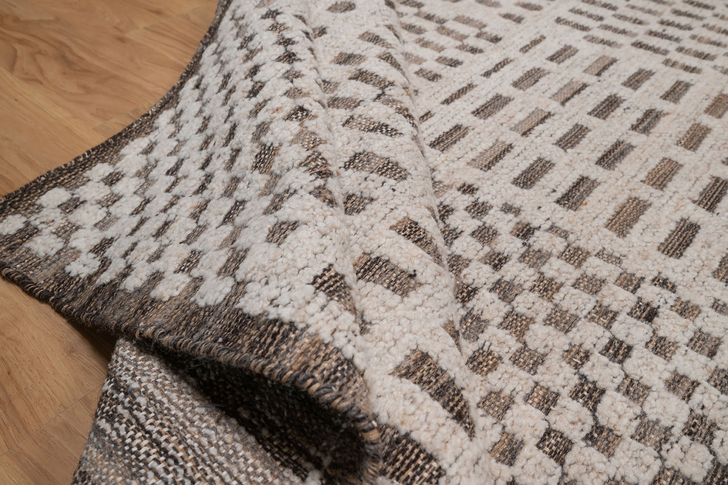 Warm Grain Rhythm Ivory Wool Rug, Hand-Knotted Tribal Grid, Warm Ivory Charcoal Area Rug 8x10 | Custom Size
