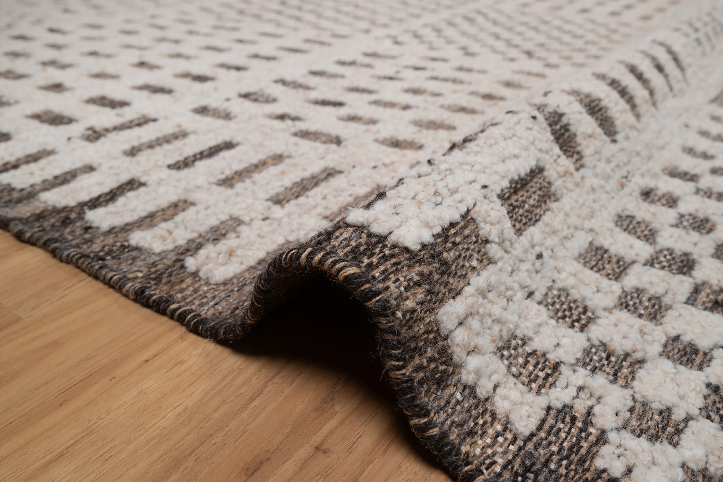 Warm Grain Rhythm Ivory Wool Rug, Hand-Knotted Tribal Grid, Warm Ivory Charcoal Area Rug 8x10 | Custom Size