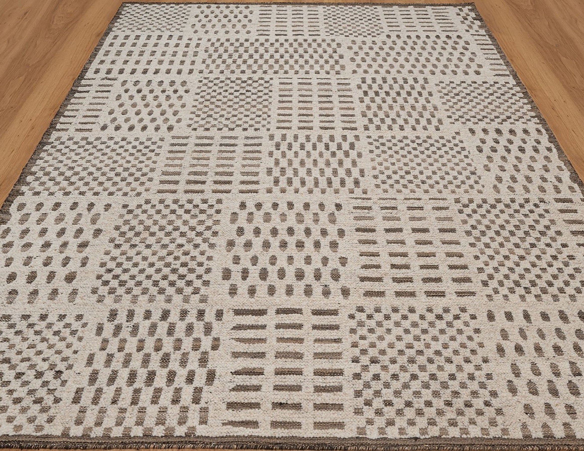 Warm Grain Rhythm Ivory Wool Rug, Hand-Knotted Tribal Grid, Warm Ivory Charcoal Area Rug 8x10 | Custom Size