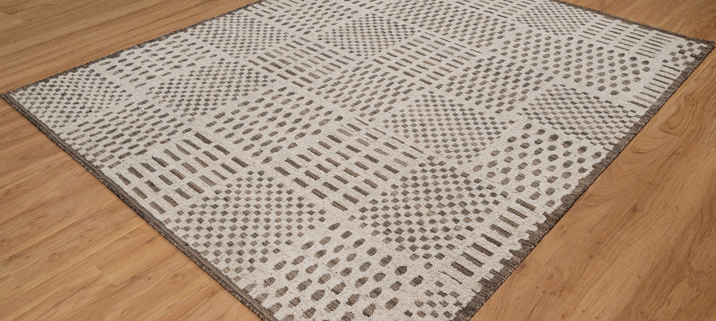 Warm Grain Rhythm Ivory Wool Rug, Hand-Knotted Tribal Grid, Warm Ivory Charcoal Area Rug 8x10 | Custom Size
