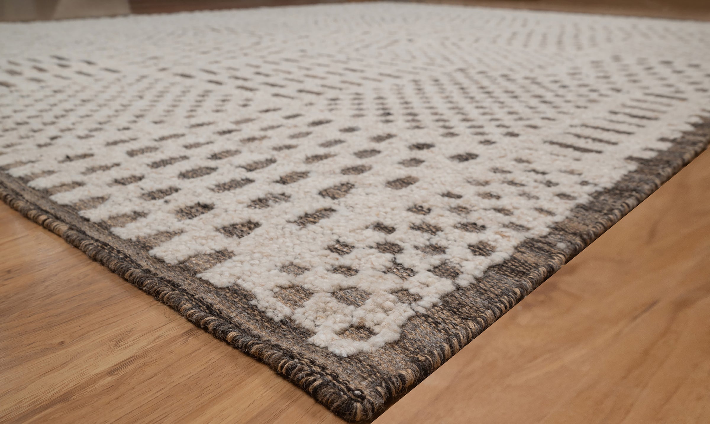 Warm Grain Rhythm Ivory Wool Rug, Hand-Knotted Tribal Grid, Warm Ivory Charcoal Area Rug 8x10 | Custom Size