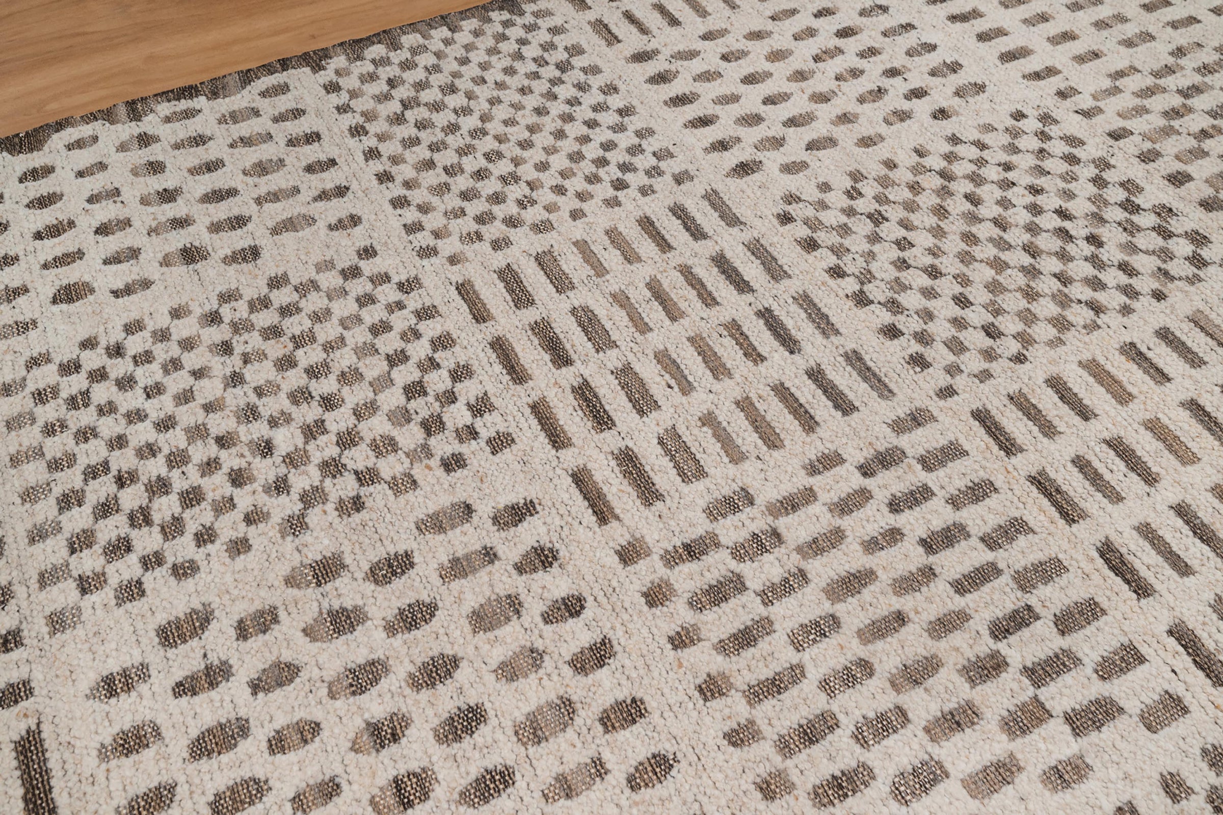 Warm Grain Rhythm Ivory Wool Rug, Hand-Knotted Tribal Grid, Warm Ivory Charcoal Area Rug 8x10 | Custom Size