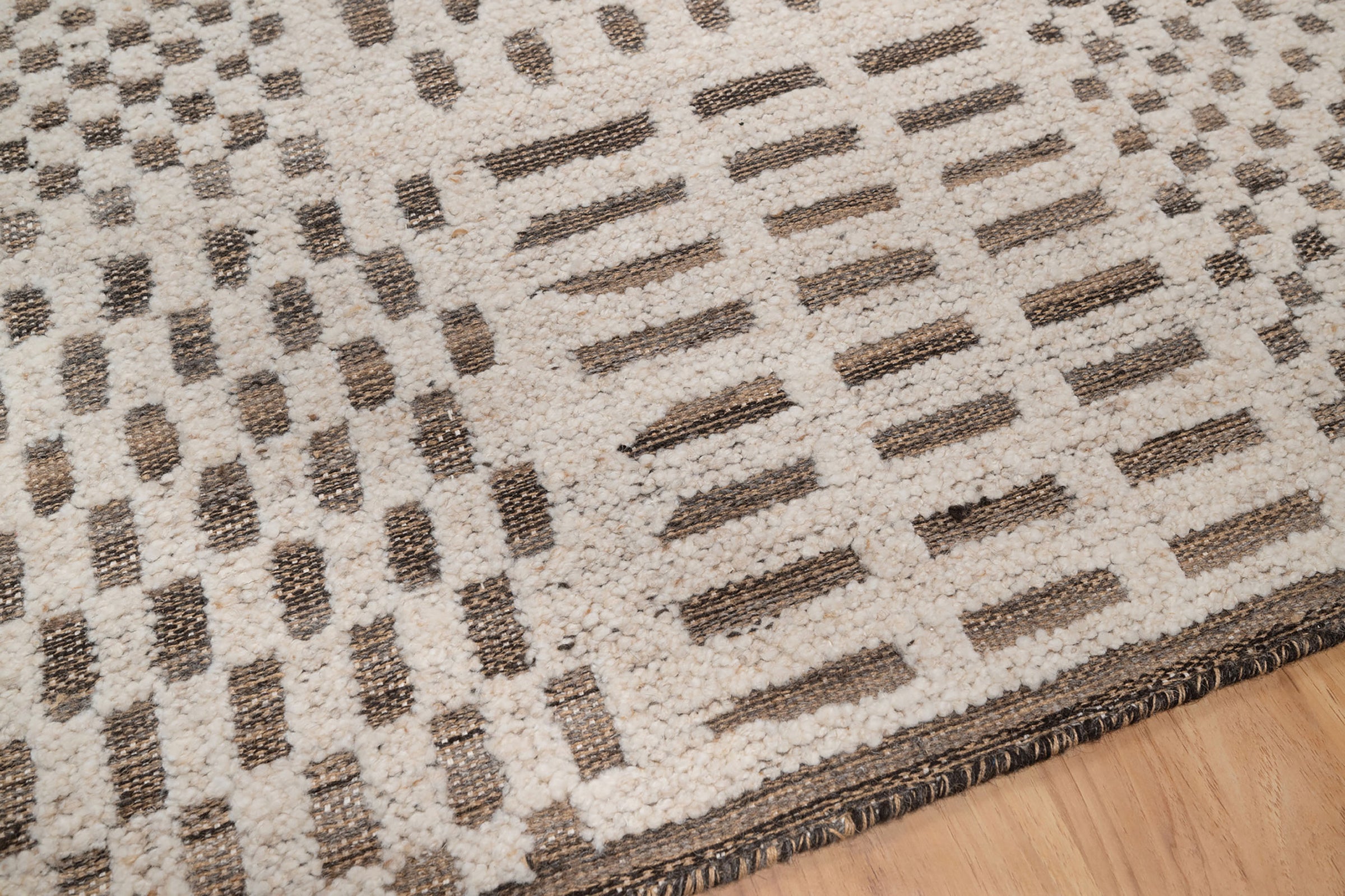 Warm Grain Rhythm Ivory Wool Rug, Hand-Knotted Tribal Grid, Warm Ivory Charcoal Area Rug 8x10 | Custom Size