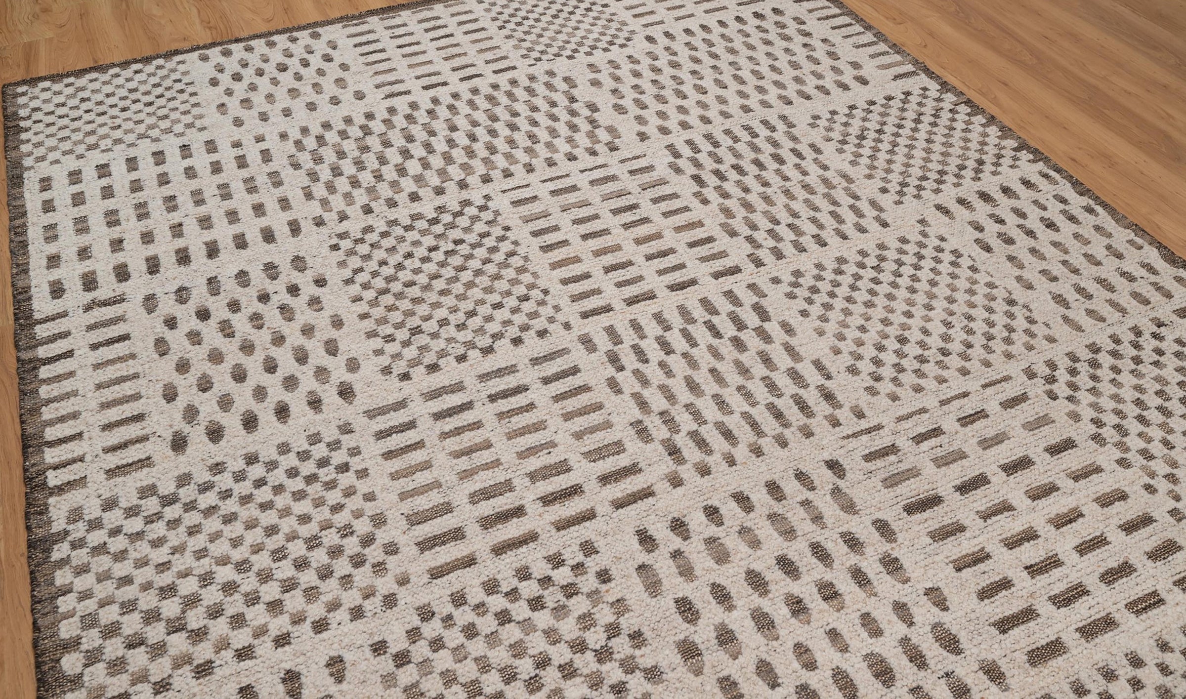 Warm Grain Rhythm Ivory Wool Rug, Hand-Knotted Tribal Grid, Warm Ivory Charcoal Area Rug 8x10 | Custom Size