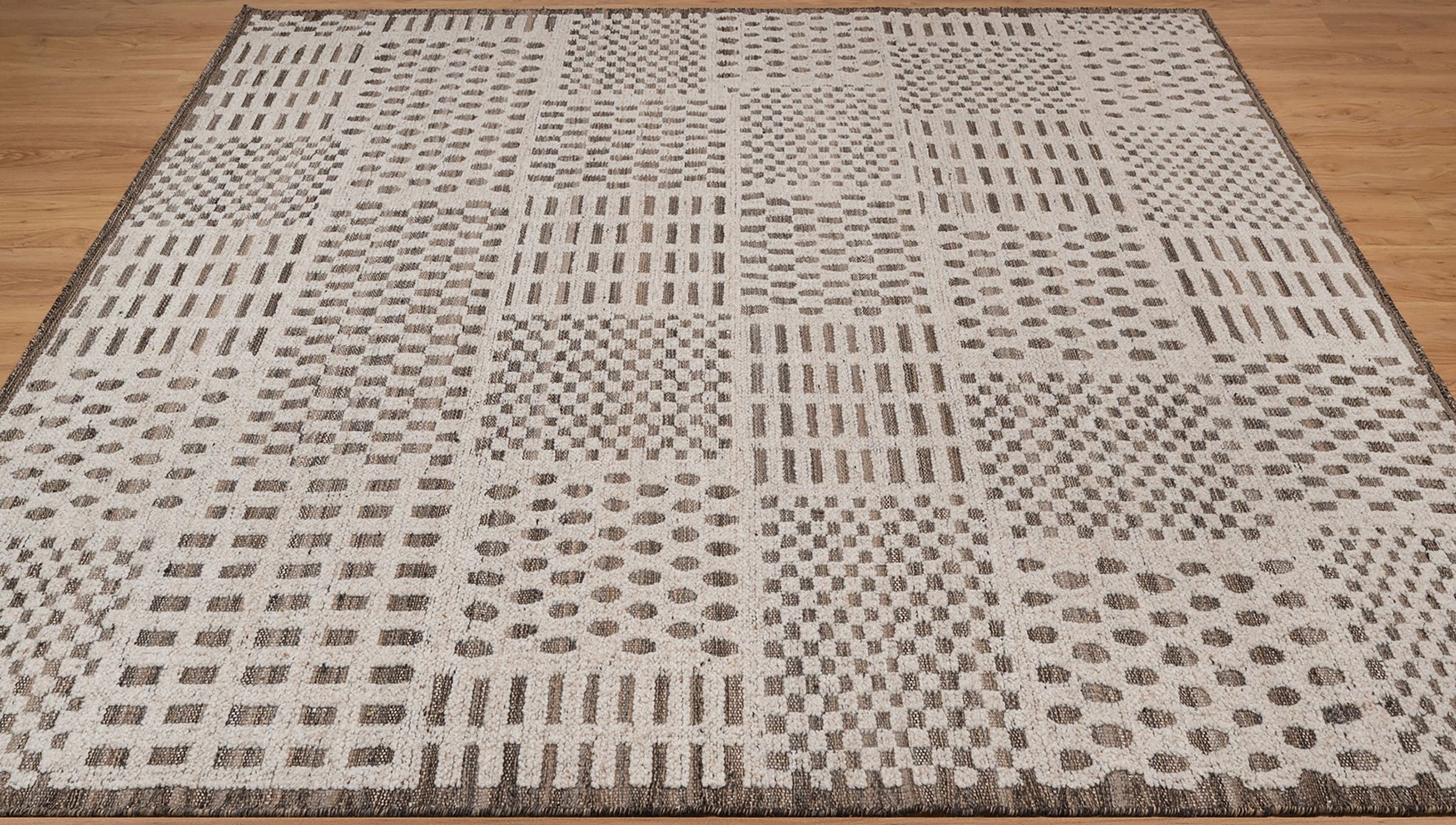 Warm Grain Rhythm Ivory Wool Rug, Hand-Knotted Tribal Grid, Warm Ivory Charcoal Area Rug 8x10 | Custom Size