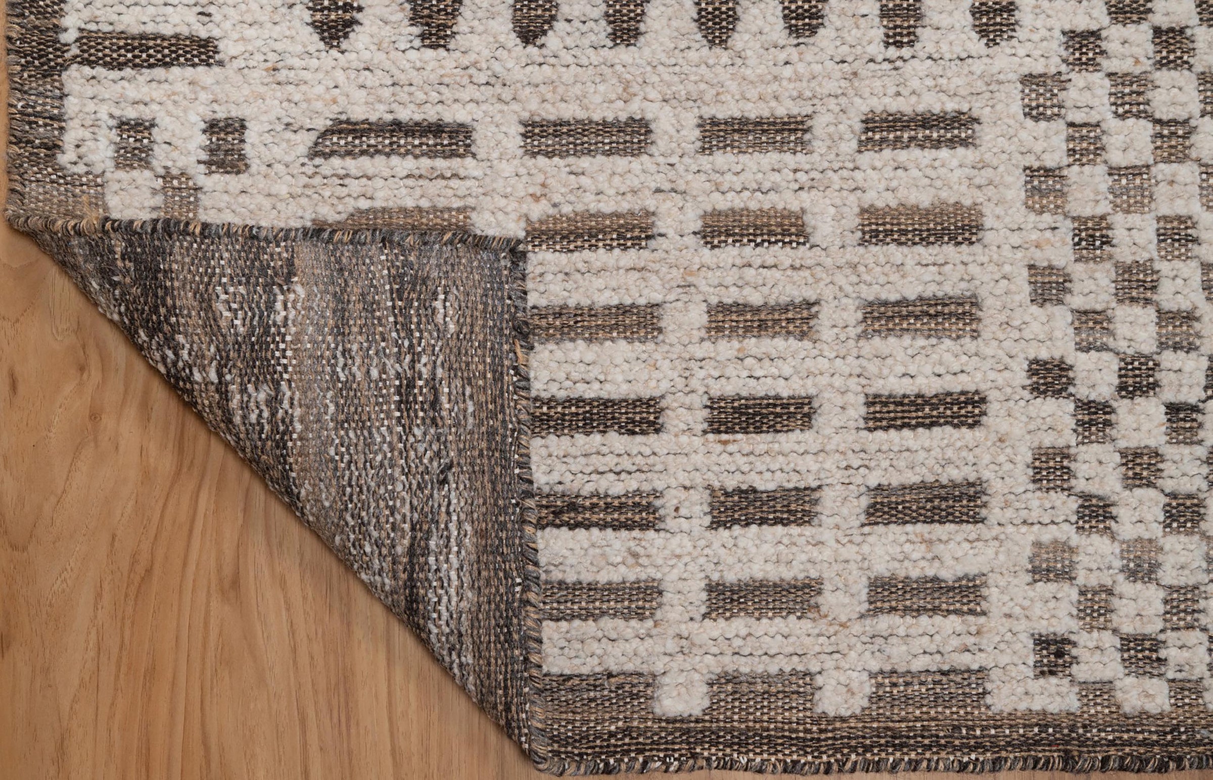 Warm Grain Rhythm Ivory Wool Rug, Hand-Knotted Tribal Grid, Warm Ivory Charcoal Area Rug 8x10 | Custom Size
