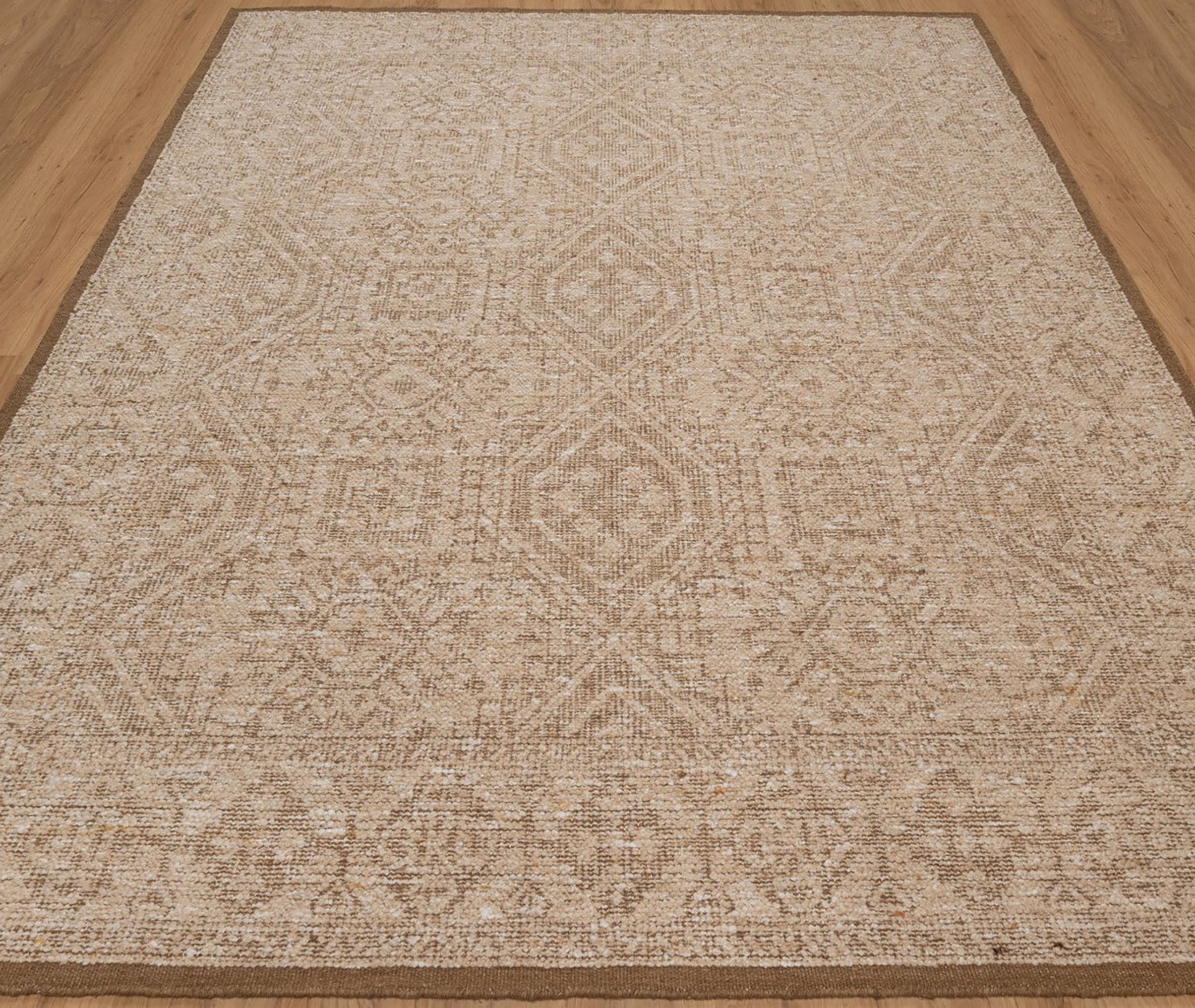 Soft Ground Agate Sand Wool Rug, Hand-Knotted Oushak Lattice, Beige Tan Faded Vintage Area Rug 8x10 | Custom Size