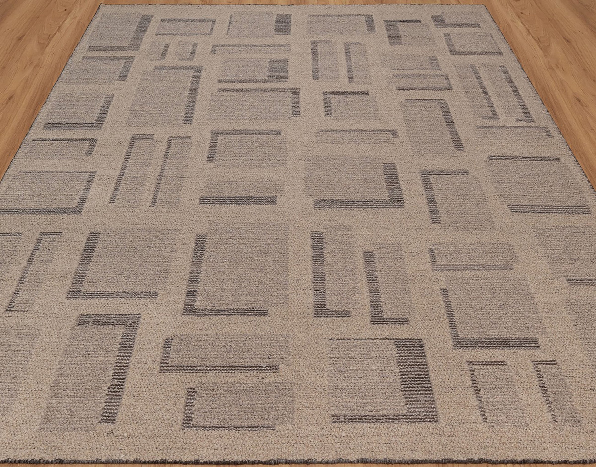 Open Field Butte Taupe Wool Rug, Hand-Knotted Angular Marks, Greige Charcoal Abstract Area Rug 8x10 | Custom Size