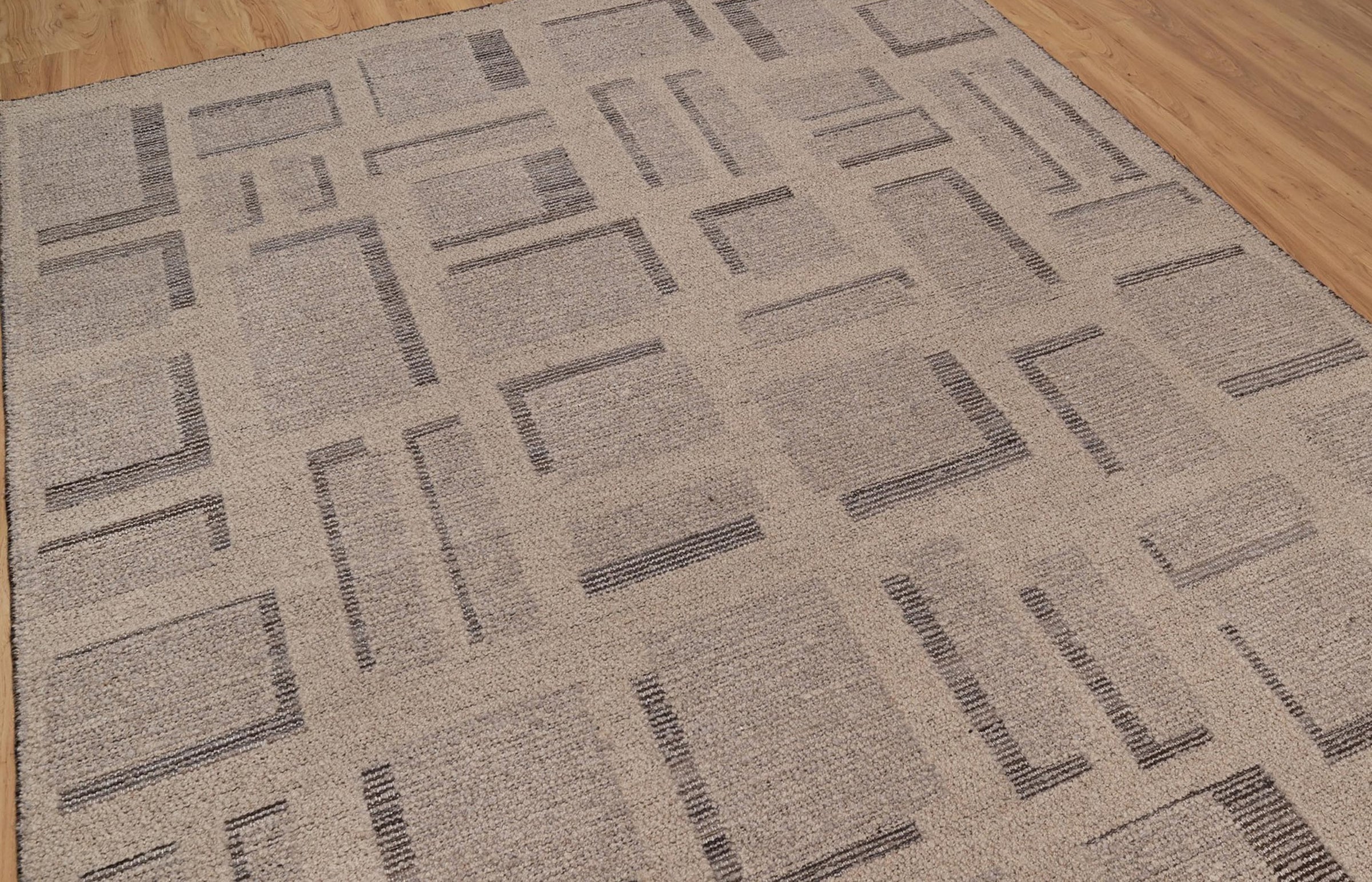 Open Field Butte Taupe Wool Rug, Hand-Knotted Angular Marks, Greige Charcoal Abstract Area Rug 8x10 | Custom Size