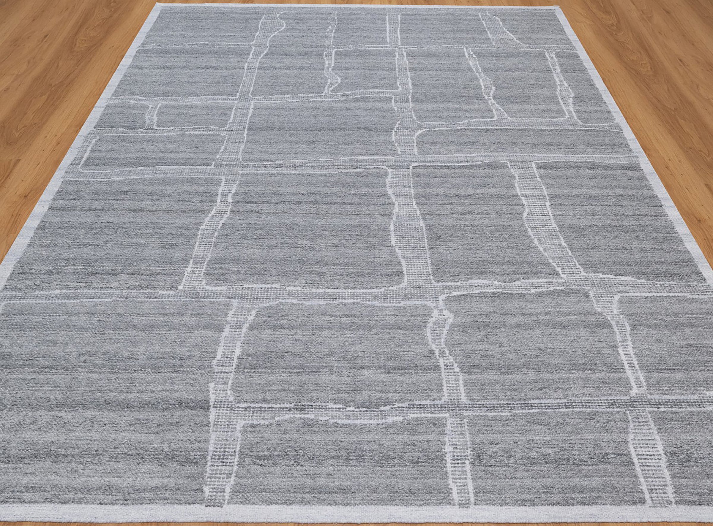Warm Grain Crag Ash Wool Rug, Hand-Knotted Flagstone Lines, Grey Ivory Abstract Area Rug 8x10 | Custom Size