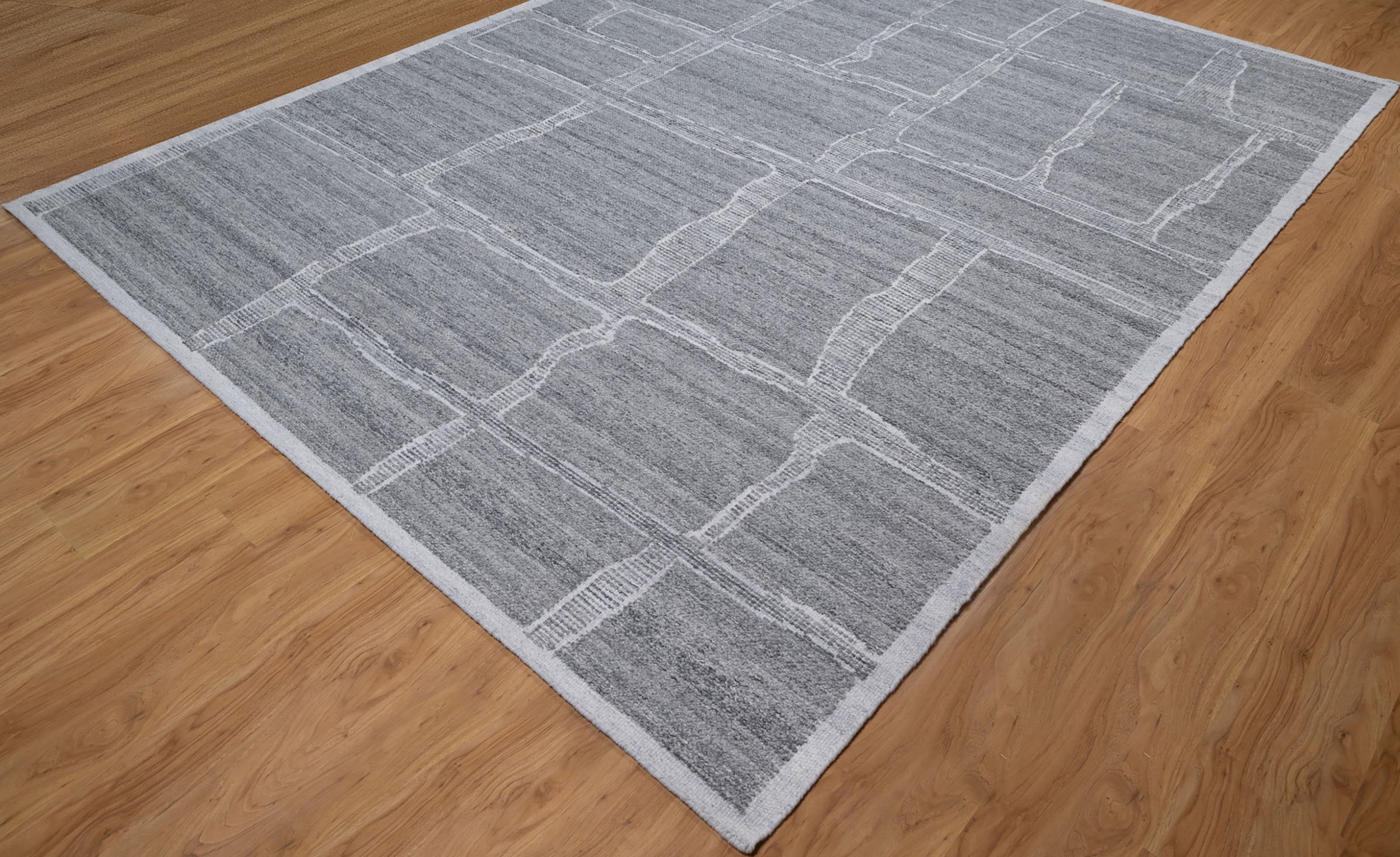 Warm Grain Crag Ash Wool Rug, Hand-Knotted Flagstone Lines, Grey Ivory Abstract Area Rug 8x10 | Custom Size