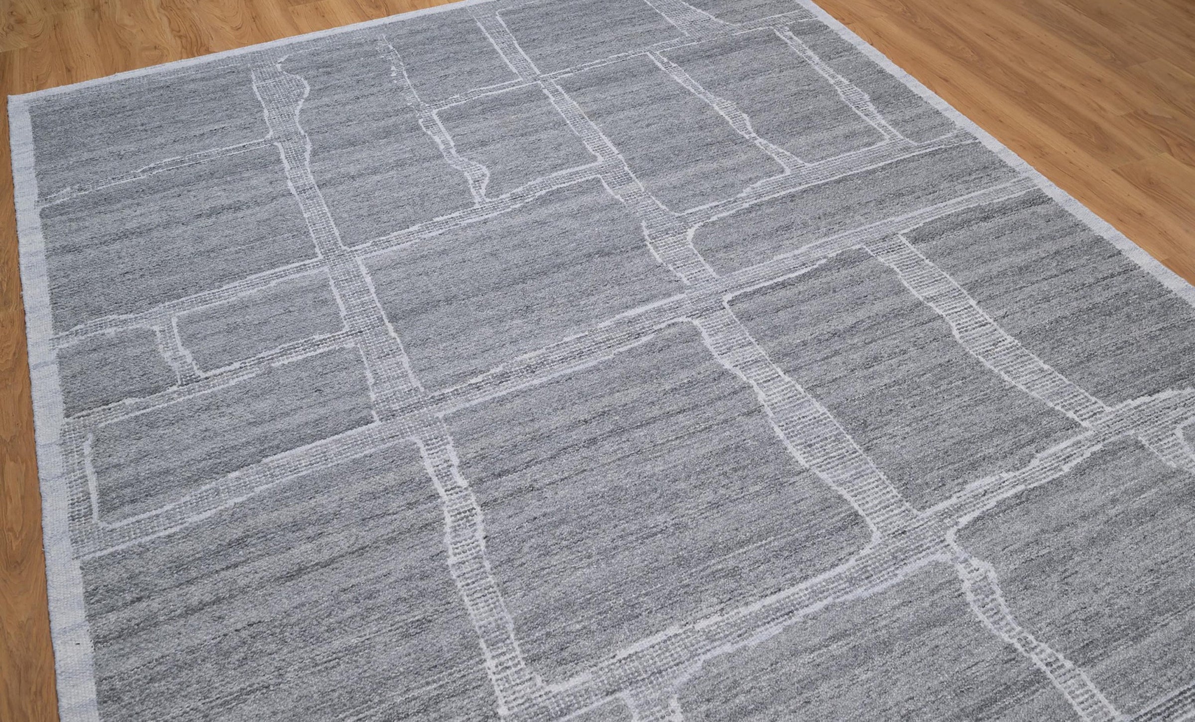 Warm Grain Crag Ash Wool Rug, Hand-Knotted Flagstone Lines, Grey Ivory Abstract Area Rug 8x10 | Custom Size