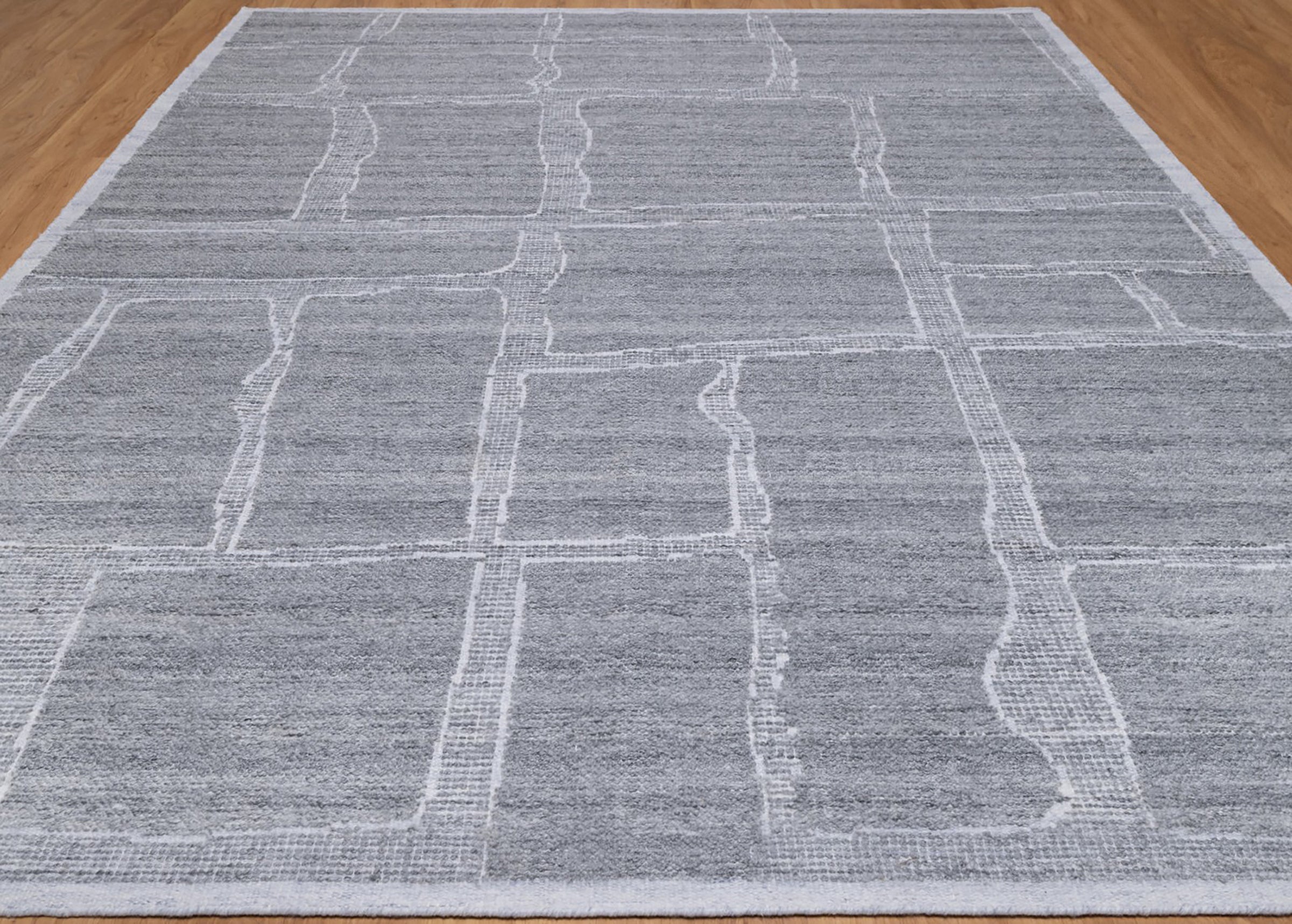 Warm Grain Crag Ash Wool Rug, Hand-Knotted Flagstone Lines, Grey Ivory Abstract Area Rug 8x10 | Custom Size