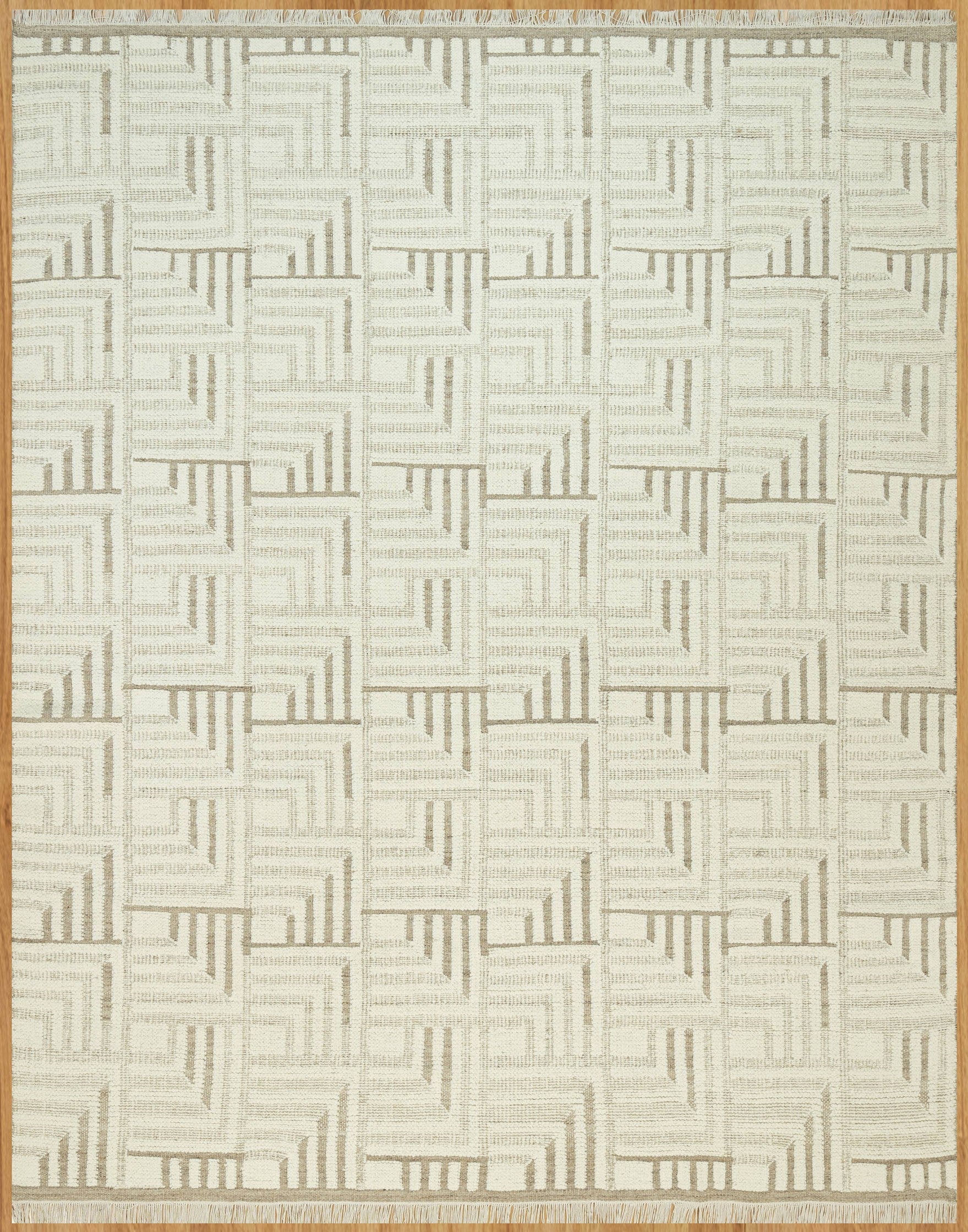 Warm Grain Gorge Ivory Wool Rug, Hand-Knotted Greek Key Maze, Cream Greige Area Rug 8x10 | Custom Size